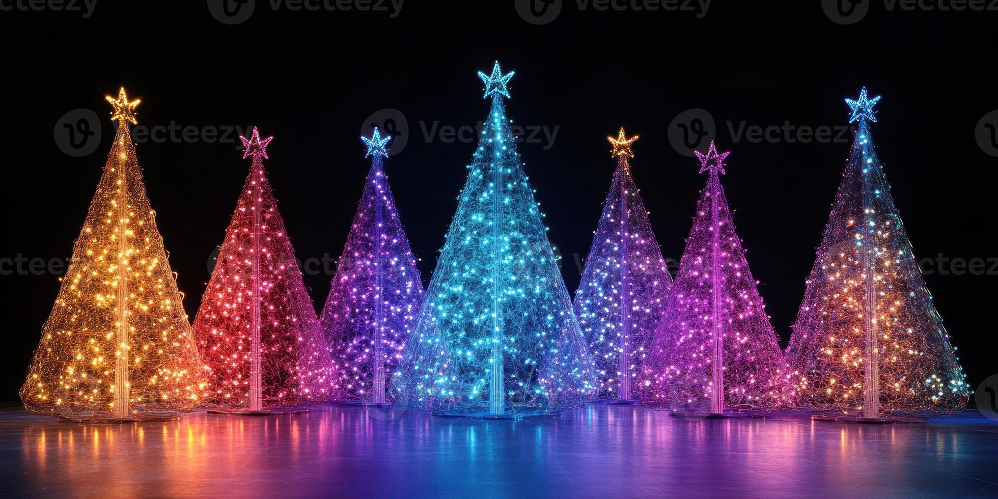 Colorful illuminated Christmas trees creating a festive atmosphere during the holiday season at a celebration venue photo