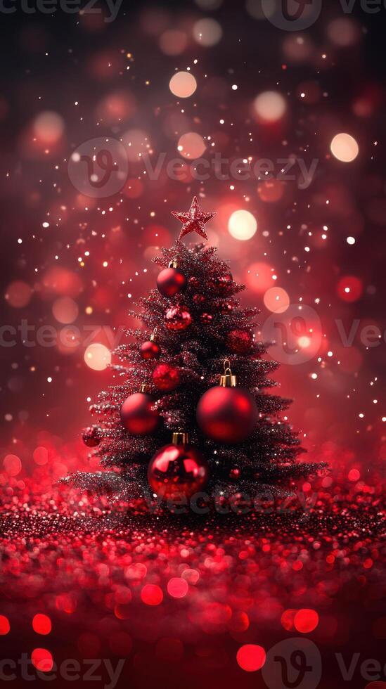 Decorative Christmas tree with red ornaments and glowing lights in a festive atmosphere photo
