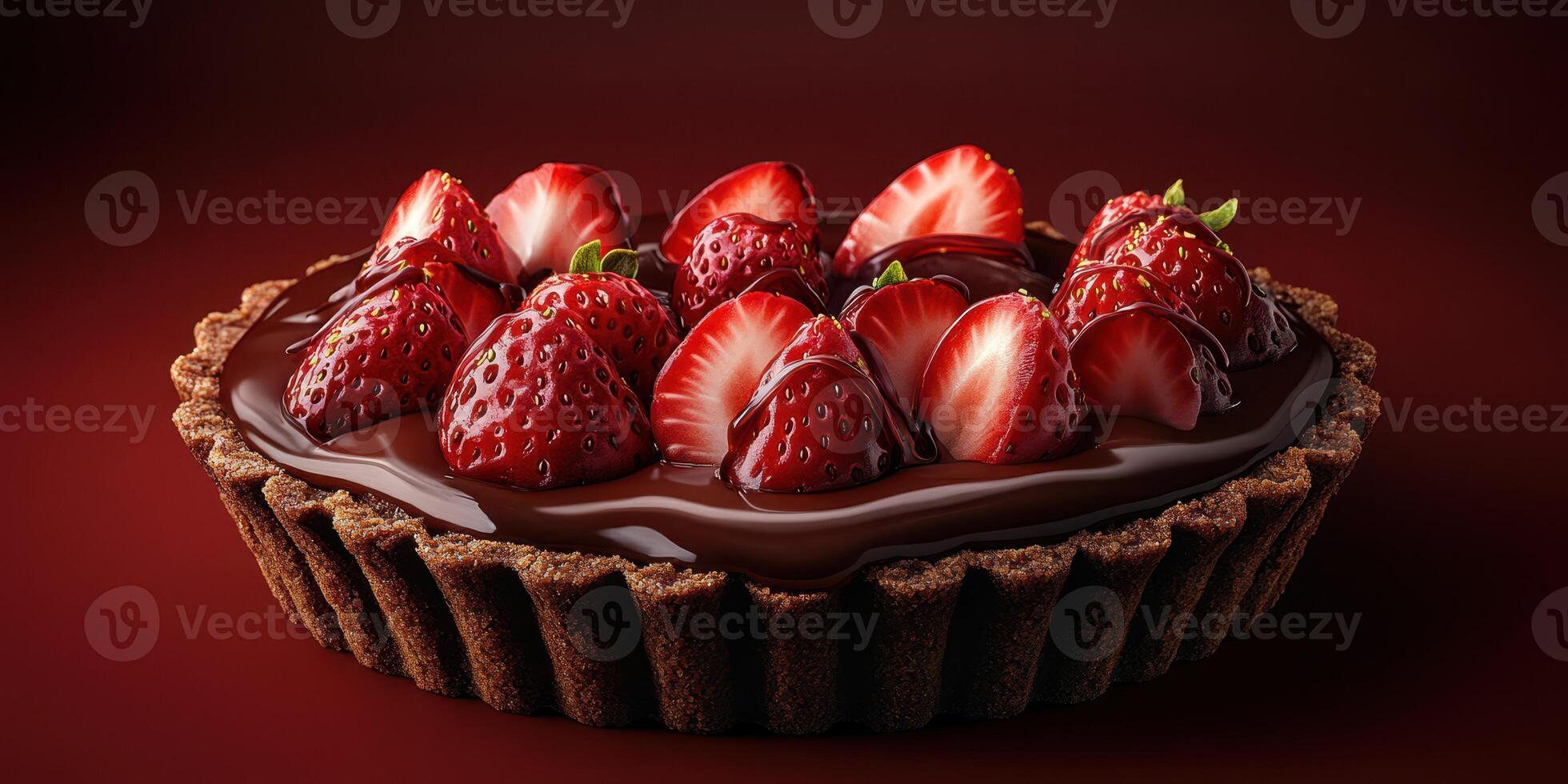 Fresh strawberries adorn a rich chocolate tart displayed on a dark background photo