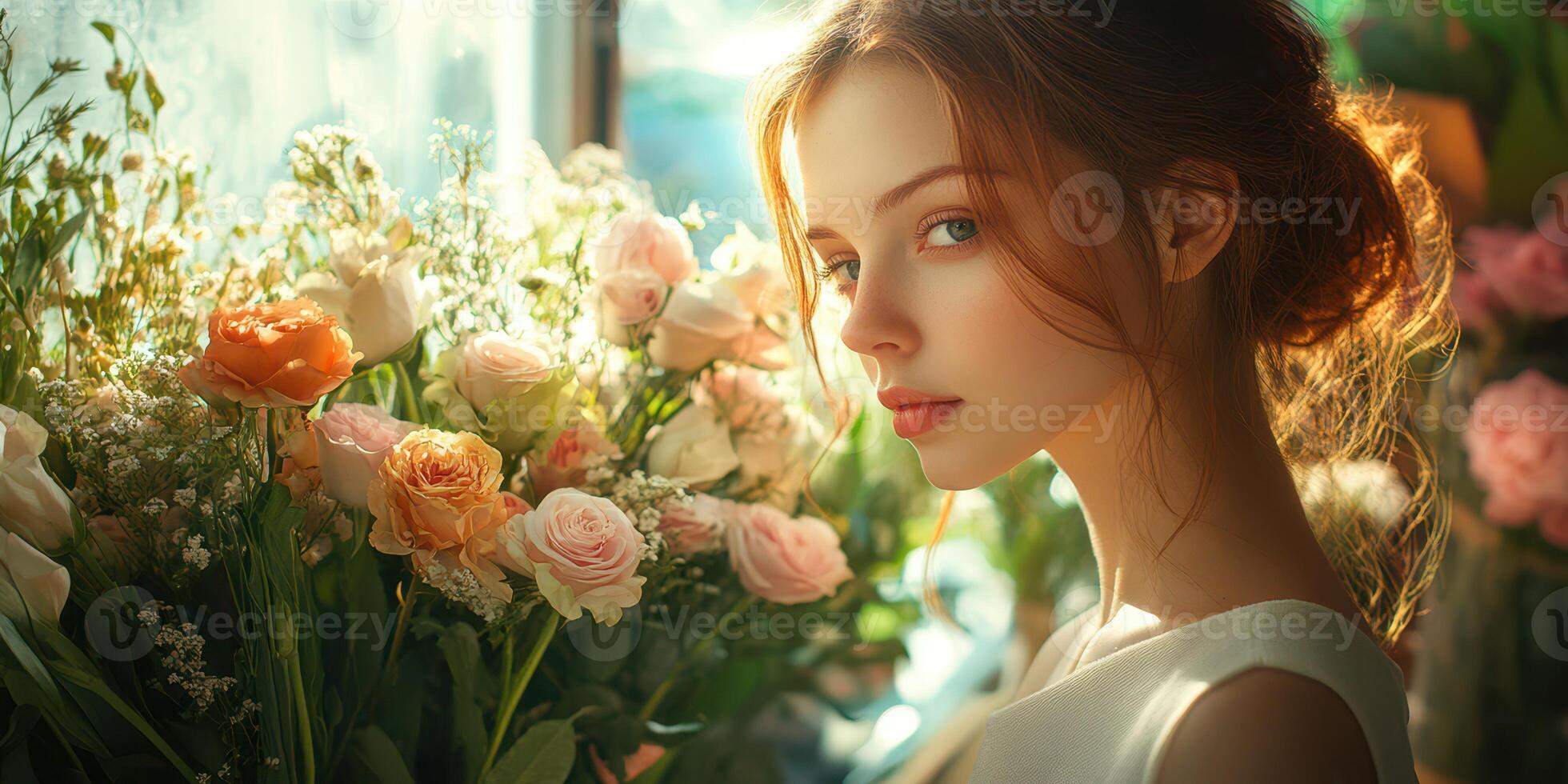 Young woman in a sunlit floral arrangement showcases serene beauty and grace in a vibrant indoor setting photo