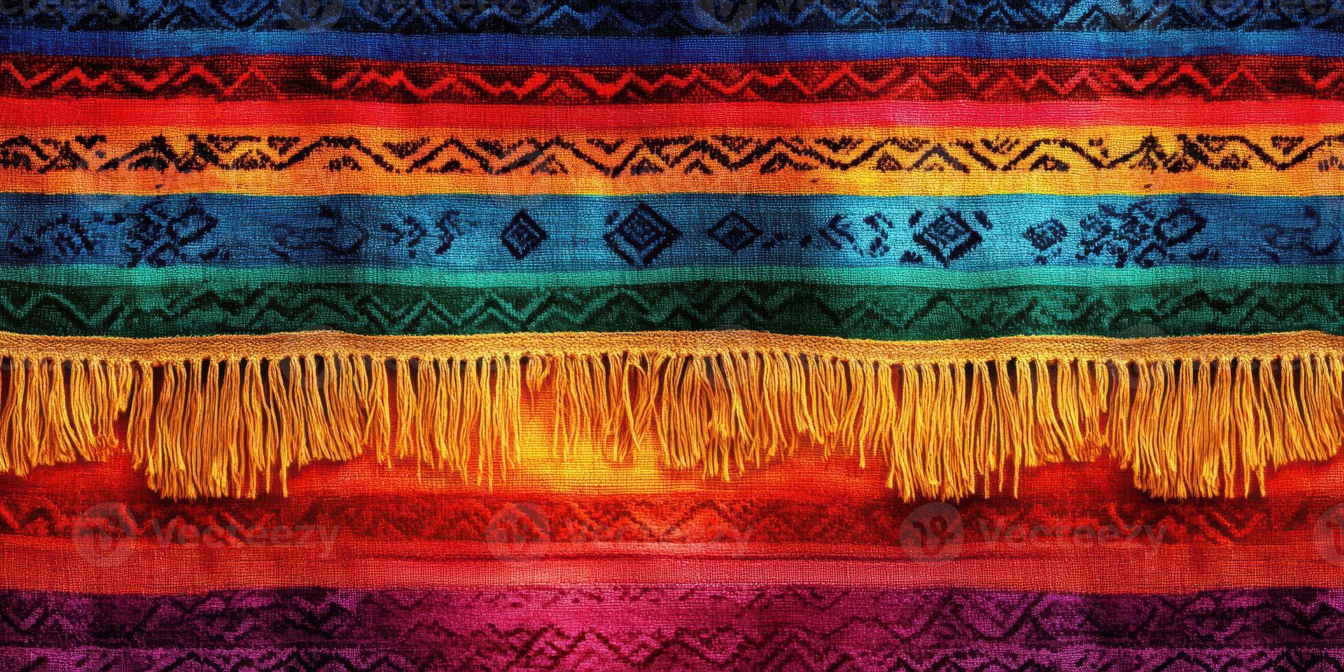 Colorful woven textile showcasing intricate patterns and vibrant hues in bright sunlight photo