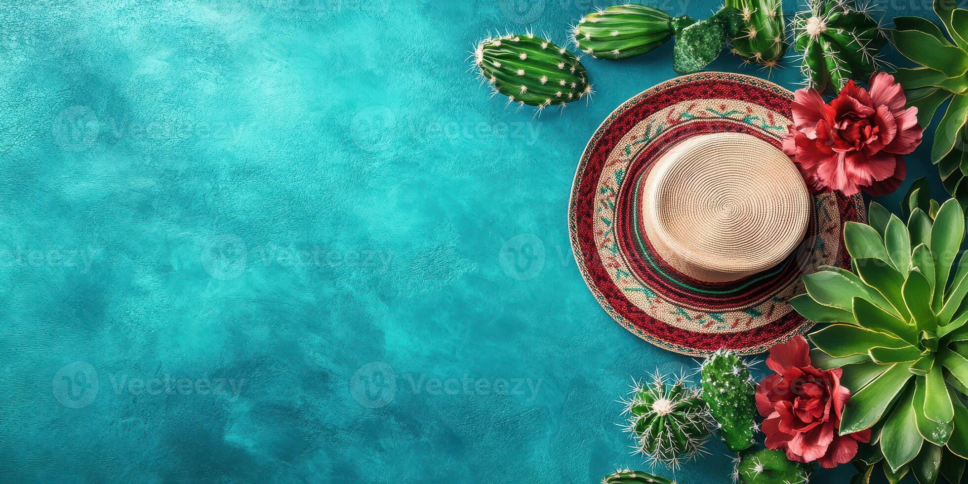 Decorative summer hat surrounded by vibrant flowers and cacti on a turquoise background creates a lively atmosphere for relaxation photo