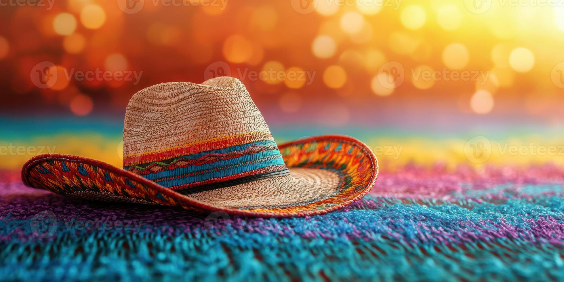 Colorful sombrero resting on vibrant blanket with warm bokeh background during a festive celebration photo