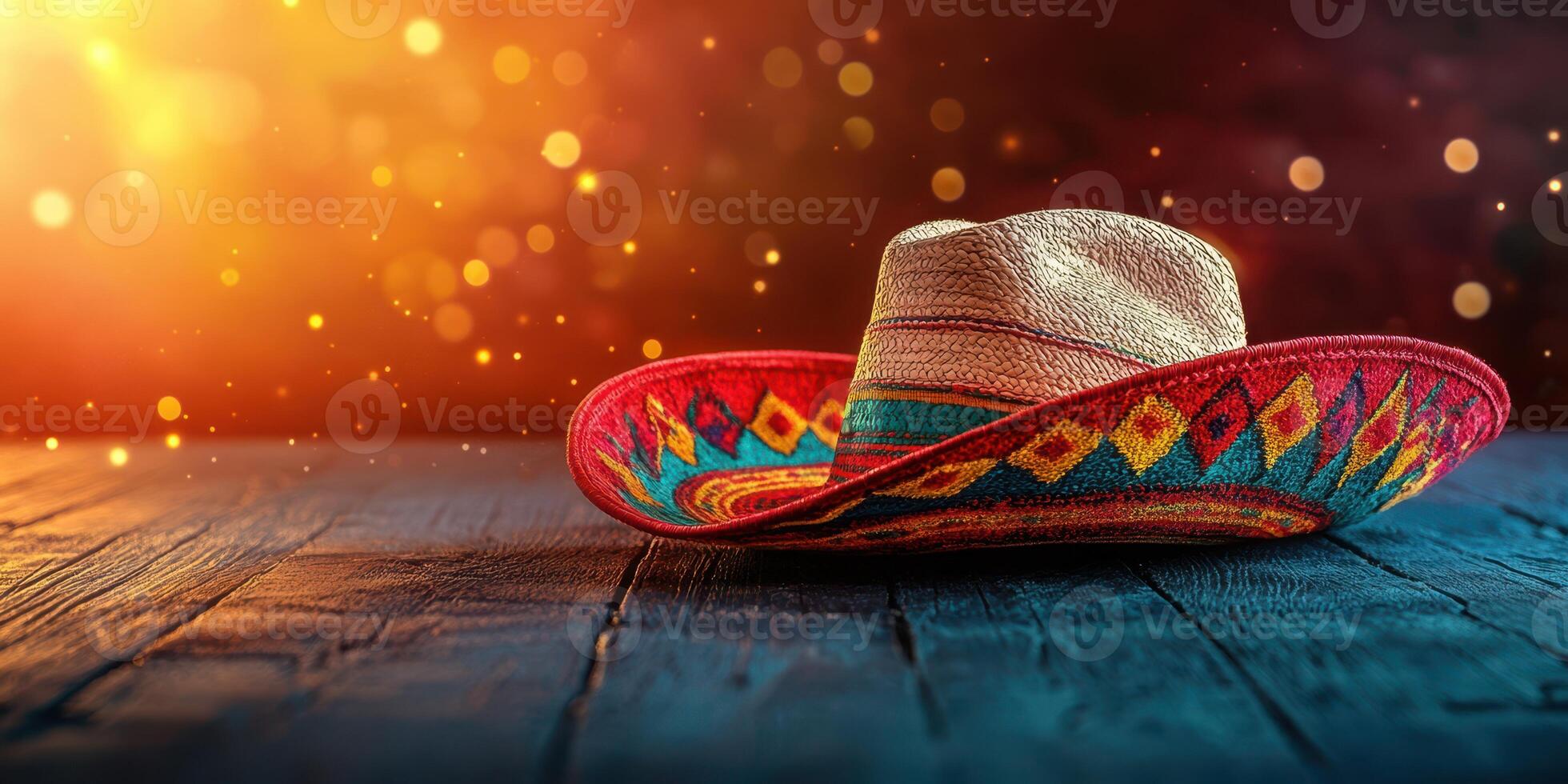 Colorful sombrero resting on rustic wooden surface with sparkling background at a festive occasion photo