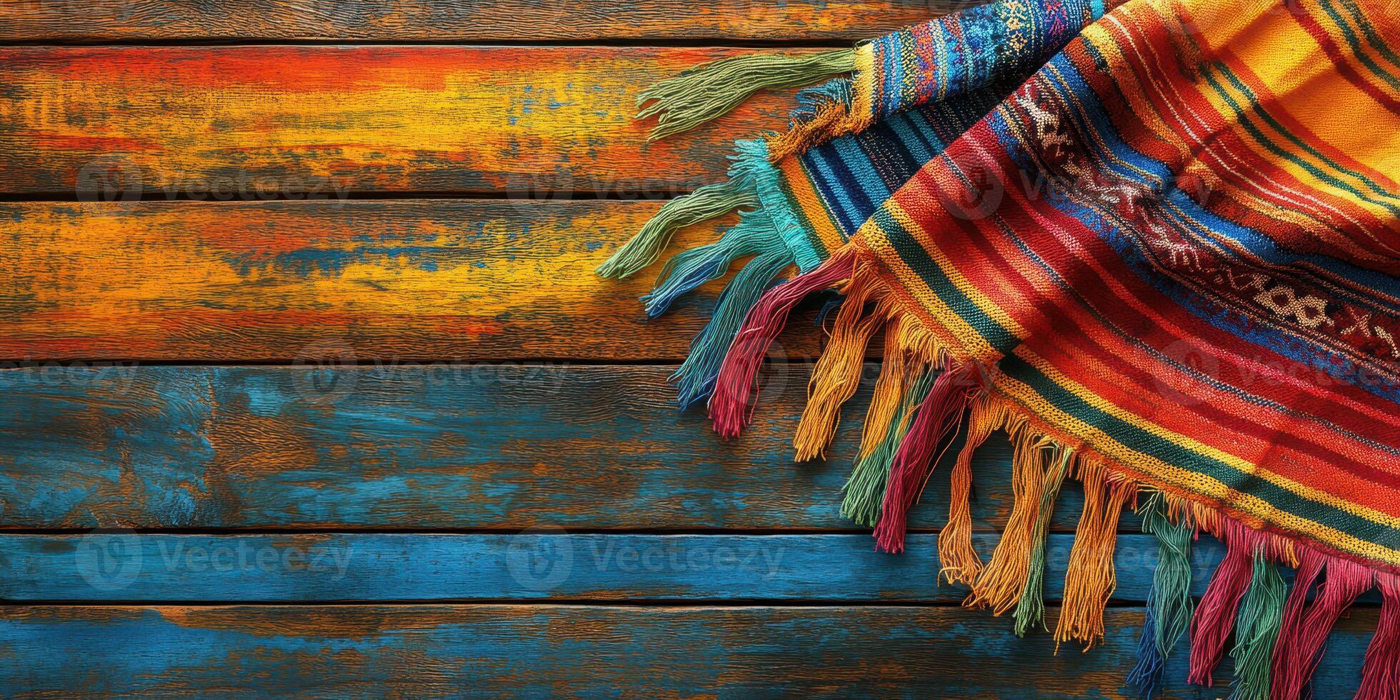 Colorful woven blanket draped over rustic wooden surface showcasing vibrant textiles photo