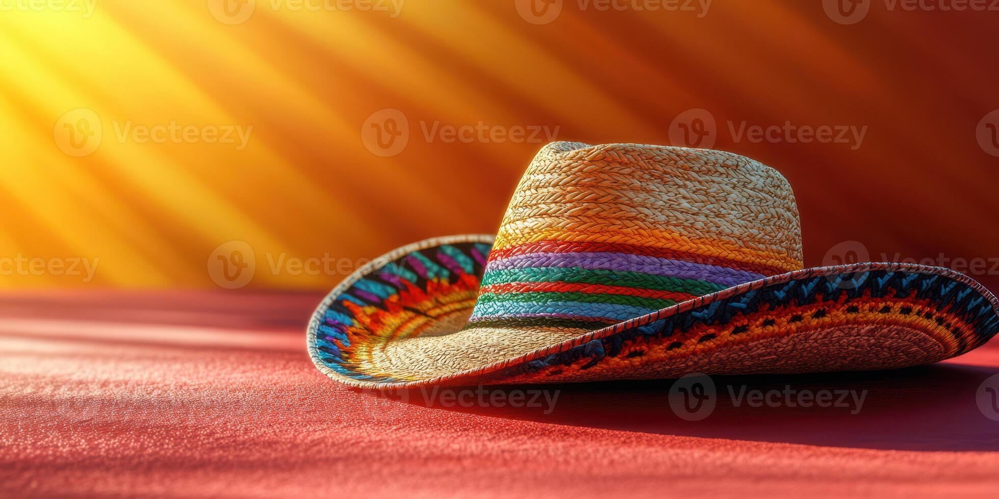 Colorful sombrero rests on vibrant fabric under warm sunlight in a serene setting photo