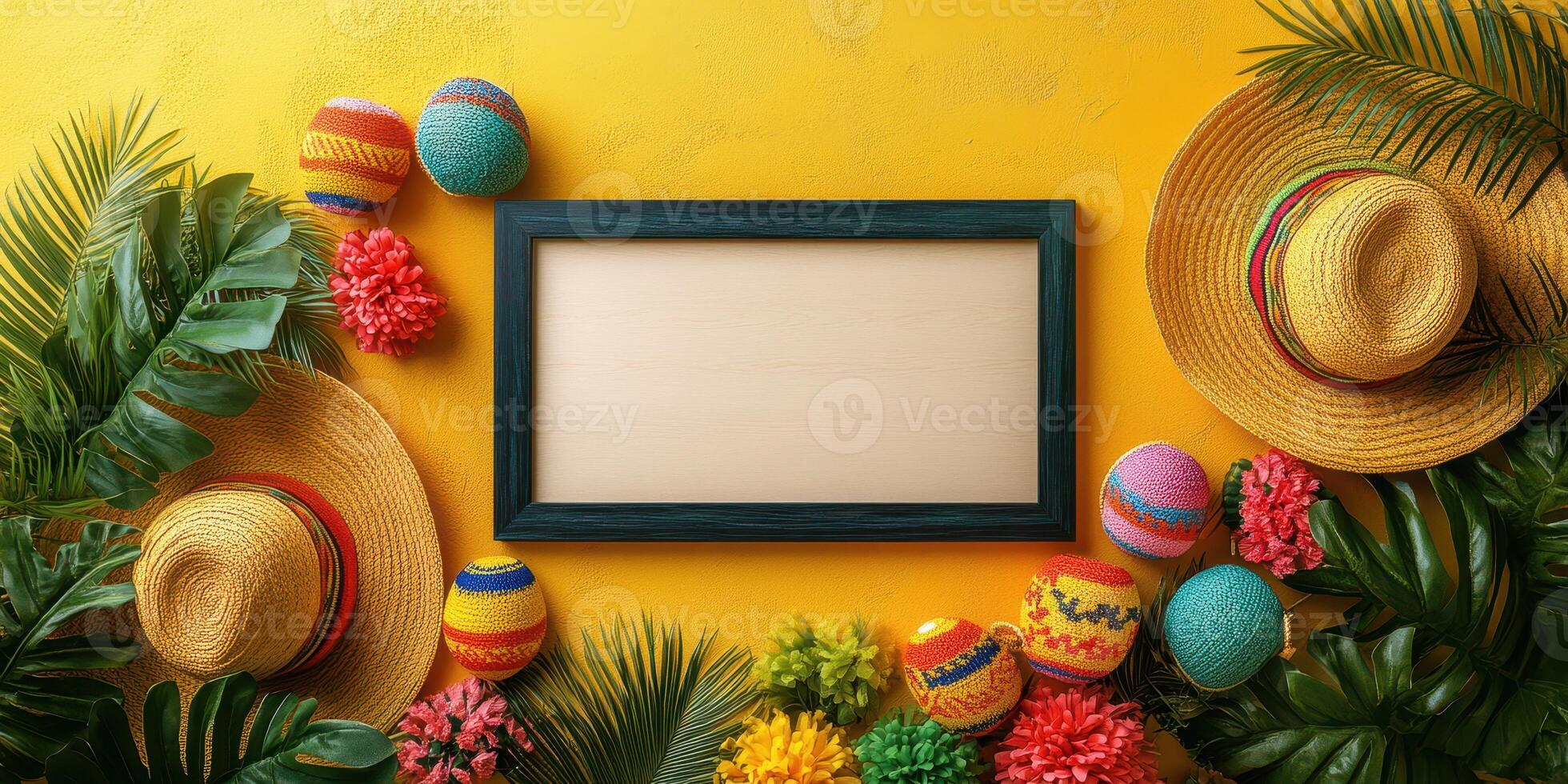 Colorful decoration with sombreros, flowers, and empty frame against a vibrant yellow background photo