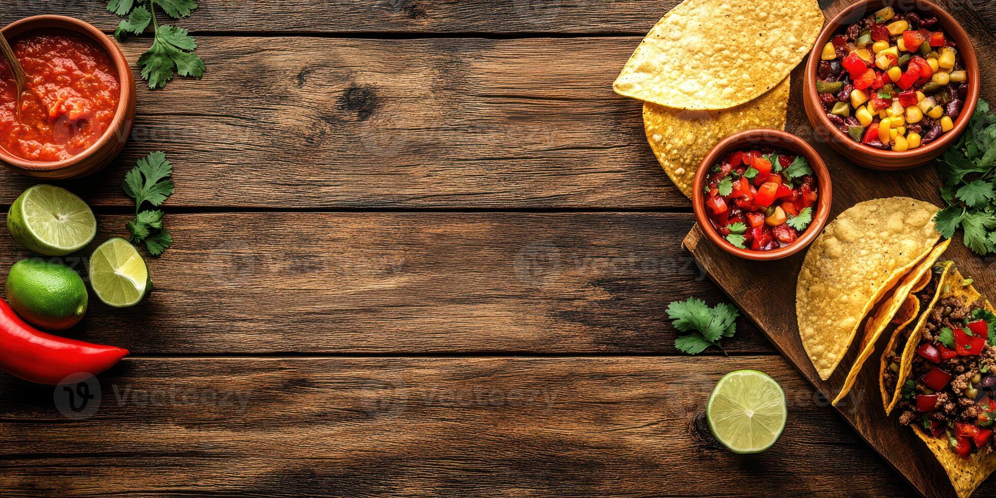 Colorful taco spread on wooden table with fresh ingredients and salsa in bowls photo
