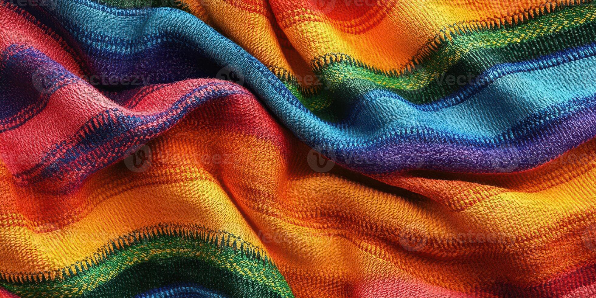 Vibrant multicolored textile draped elegantly on a surface showcasing intricate weaving patterns and rich hues photo