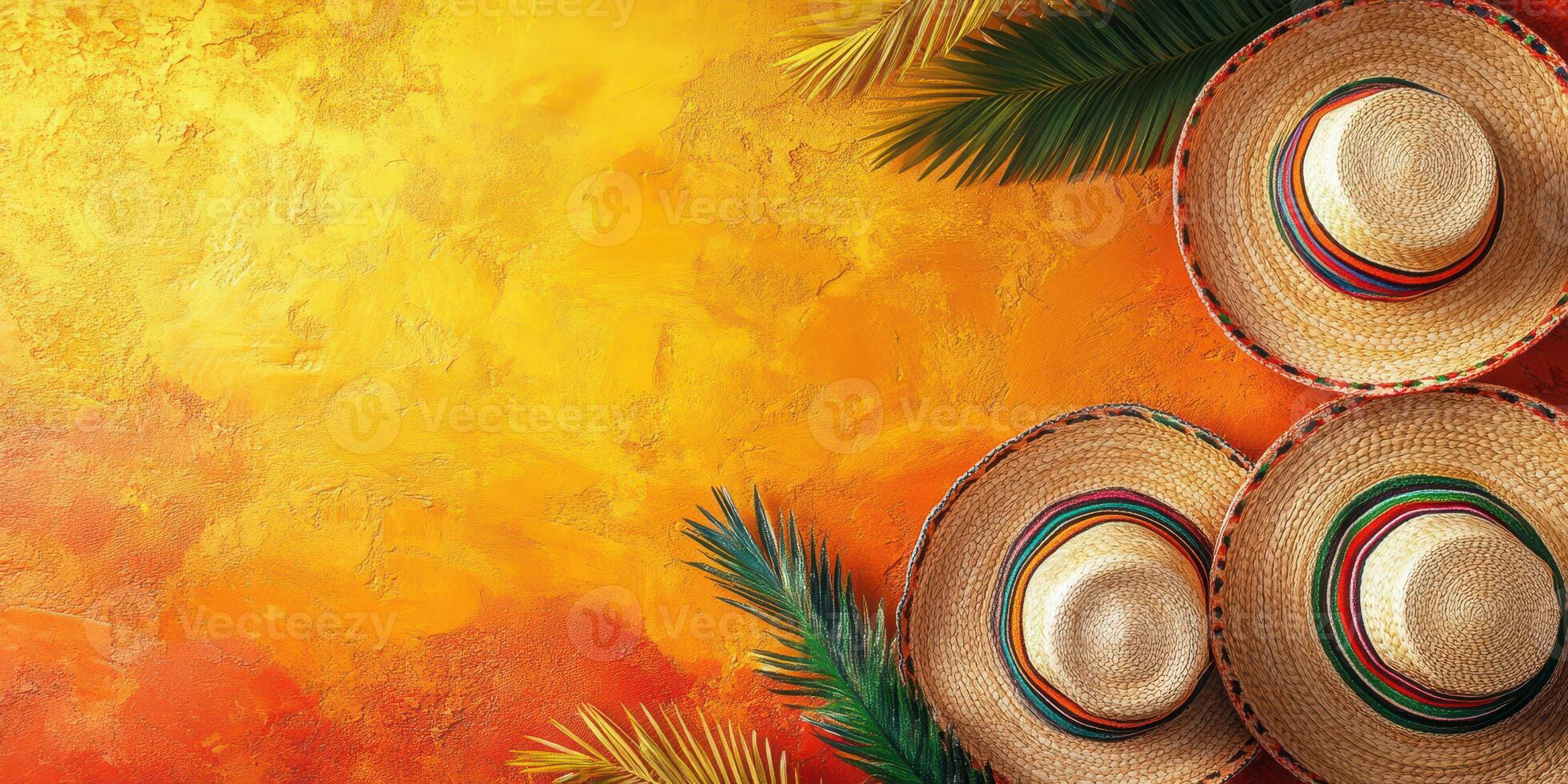 Vibrant summer celebration with traditional hats and tropical leaves on a colorful backdrop photo
