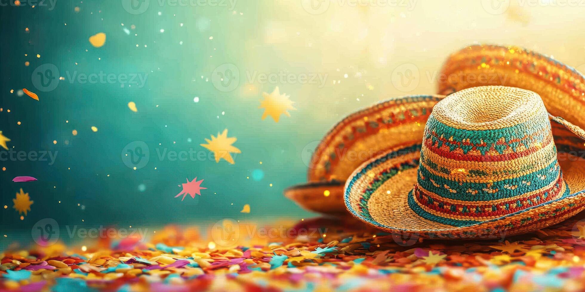 Colorful sombreros and festive confetti create a vibrant celebration atmosphere in a lively setting photo