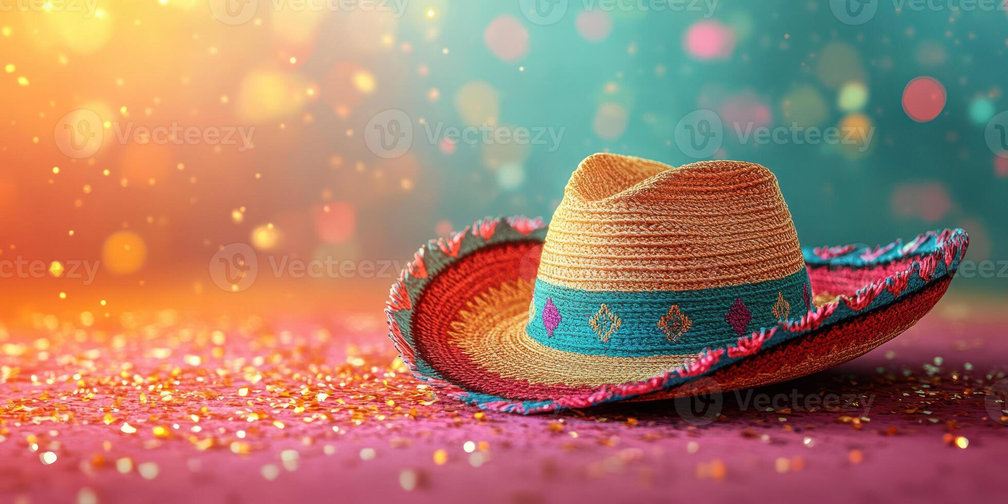 Colorful sombrero rests on a sparkling surface, capturing the festive spirit of a lively celebration photo