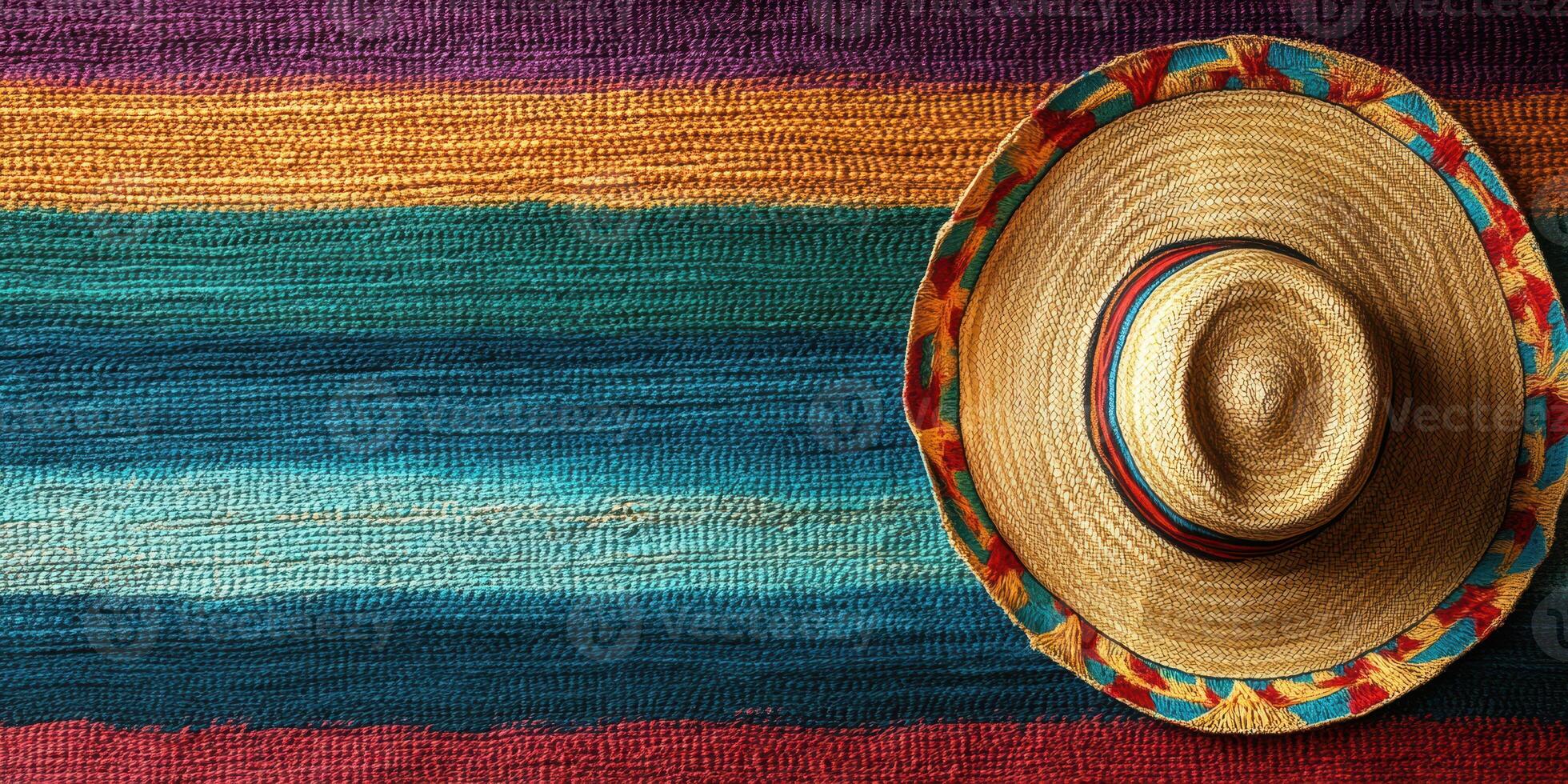 Colorful woven blanket and traditional straw hat displayed with vibrant patterns and textures in a cozy setting photo