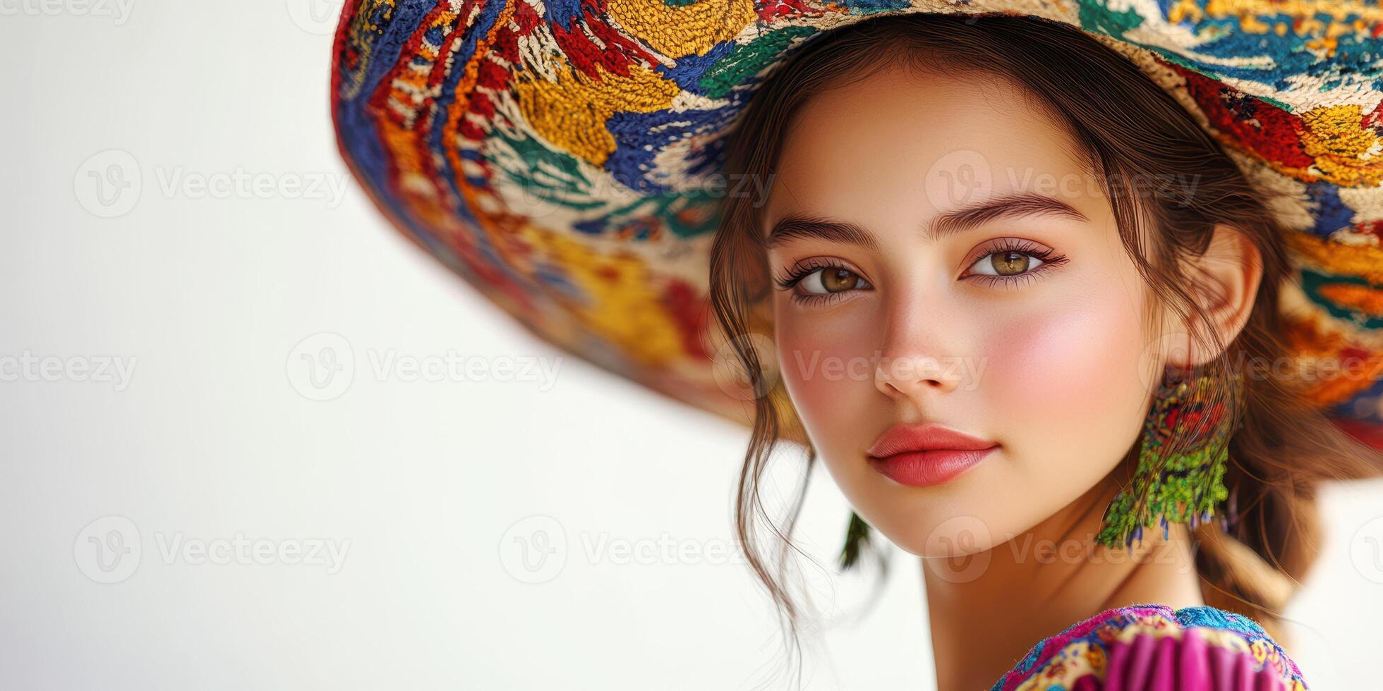 Young woman wearing a colorful traditional sombrero and vibrant attire in a bright setting during a cultural celebration photo