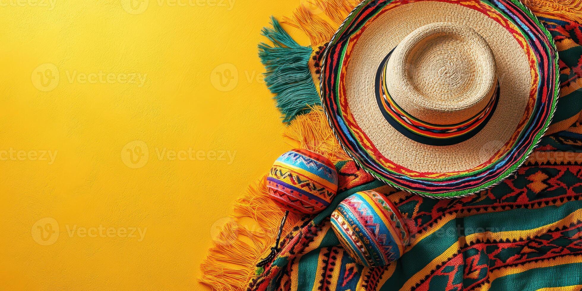 Colorful traditional sombrero and vibrant woven blanket displayed on a bright yellow background in a festive setting photo
