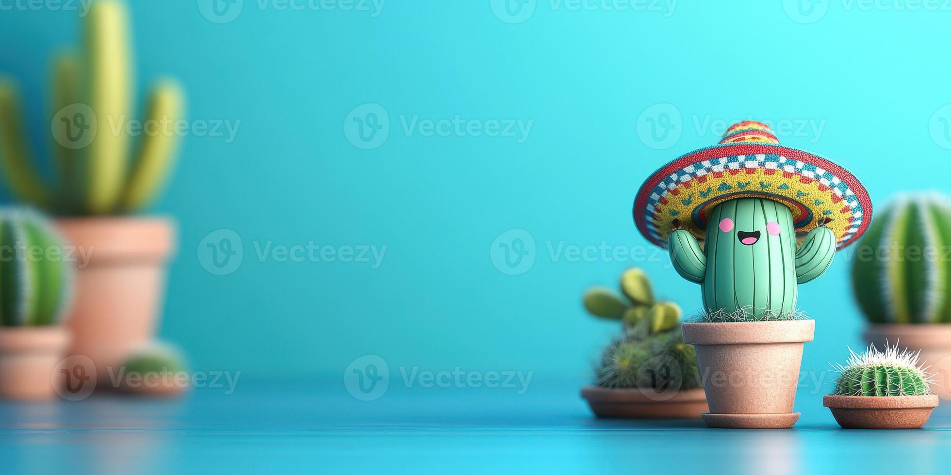 Colorful cactus figurine wearing a sombrero with small potted plants on a bright blue background photo