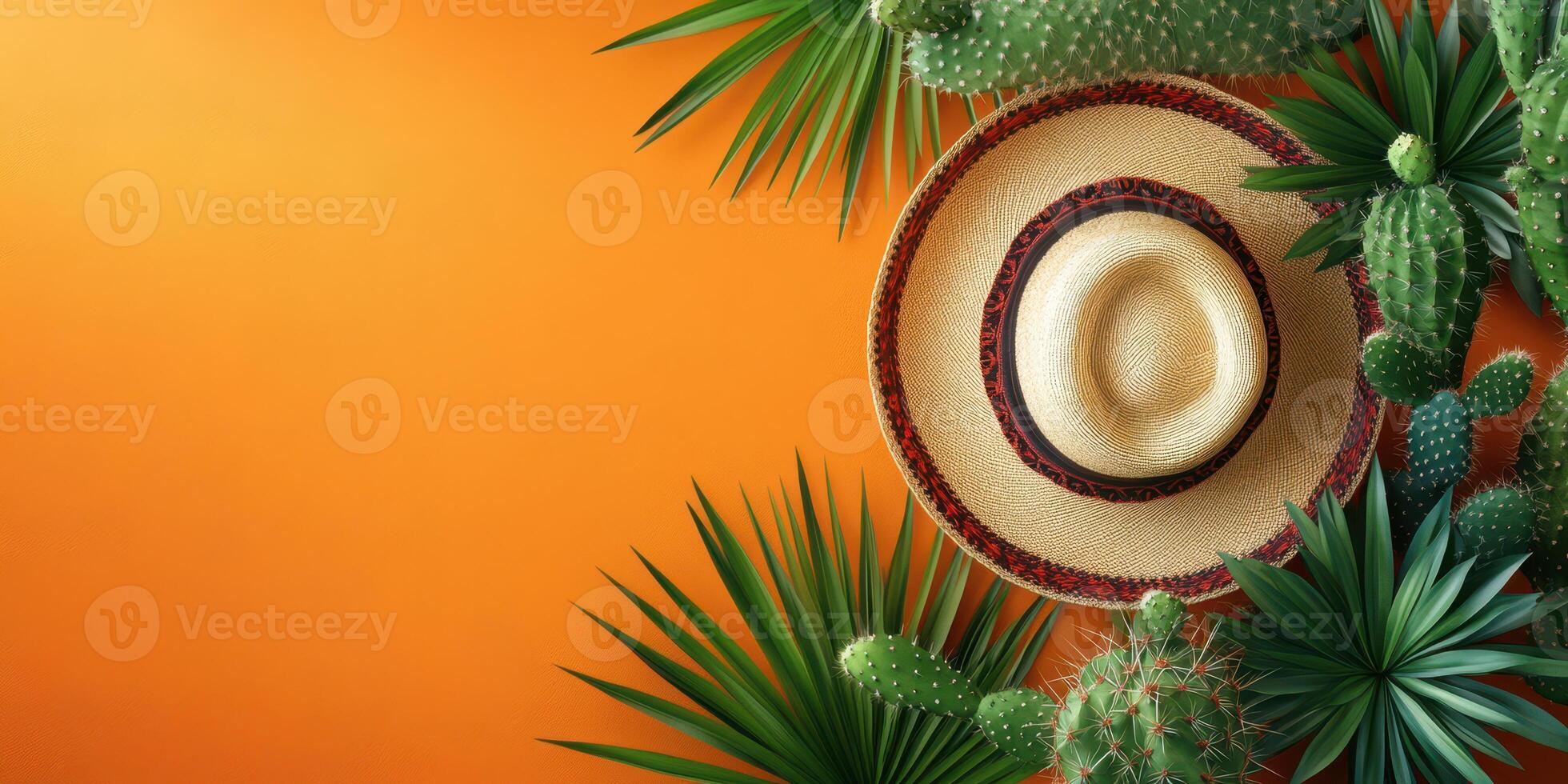 Bright orange background featuring a straw hat surrounded by various cacti and tropical leaves evokes a sunny, relaxed atmosphere photo
