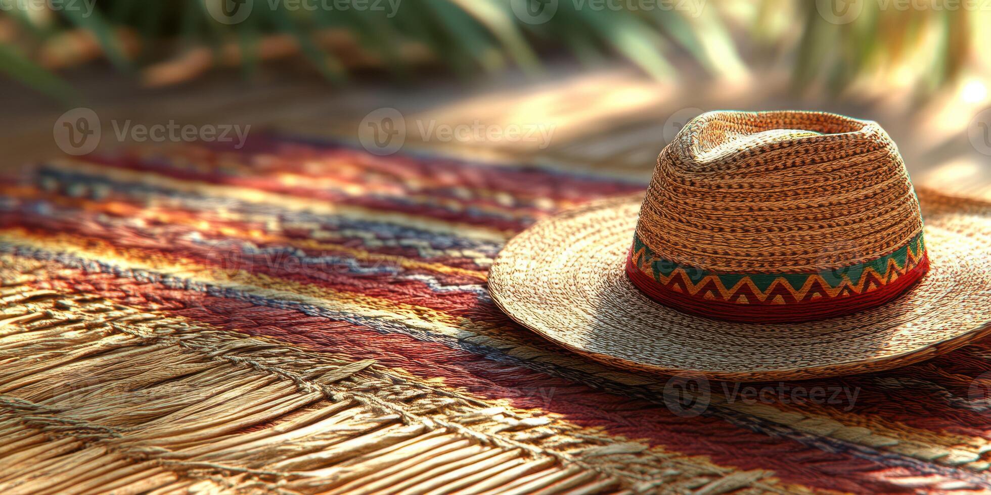Colorful straw hat resting on a vibrant woven mat in a sunny outdoor setting photo