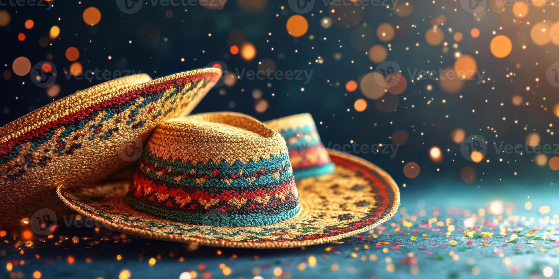 Colorful sombreros arranged artistically with sparkling confetti and warm lighting creating a festive atmosphere photo