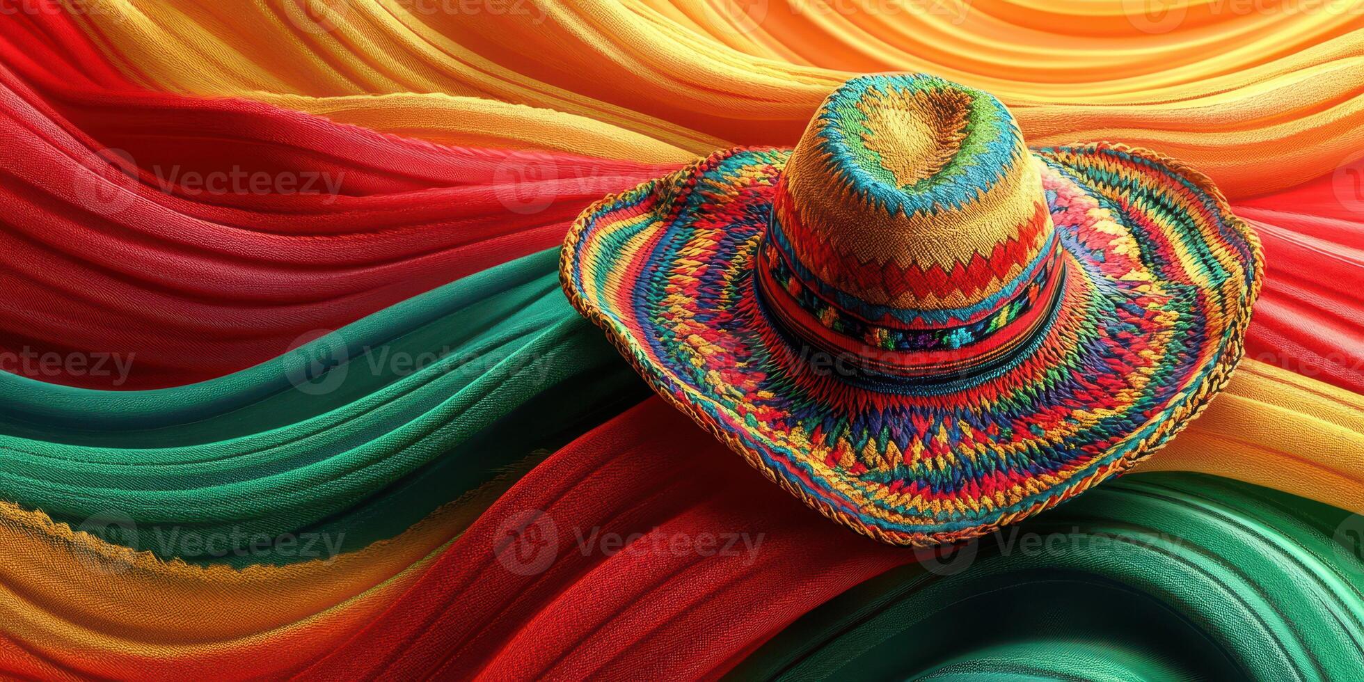 Colorful woven hat on vibrant fabric waves in bold red, green, and yellow at a festive celebration photo