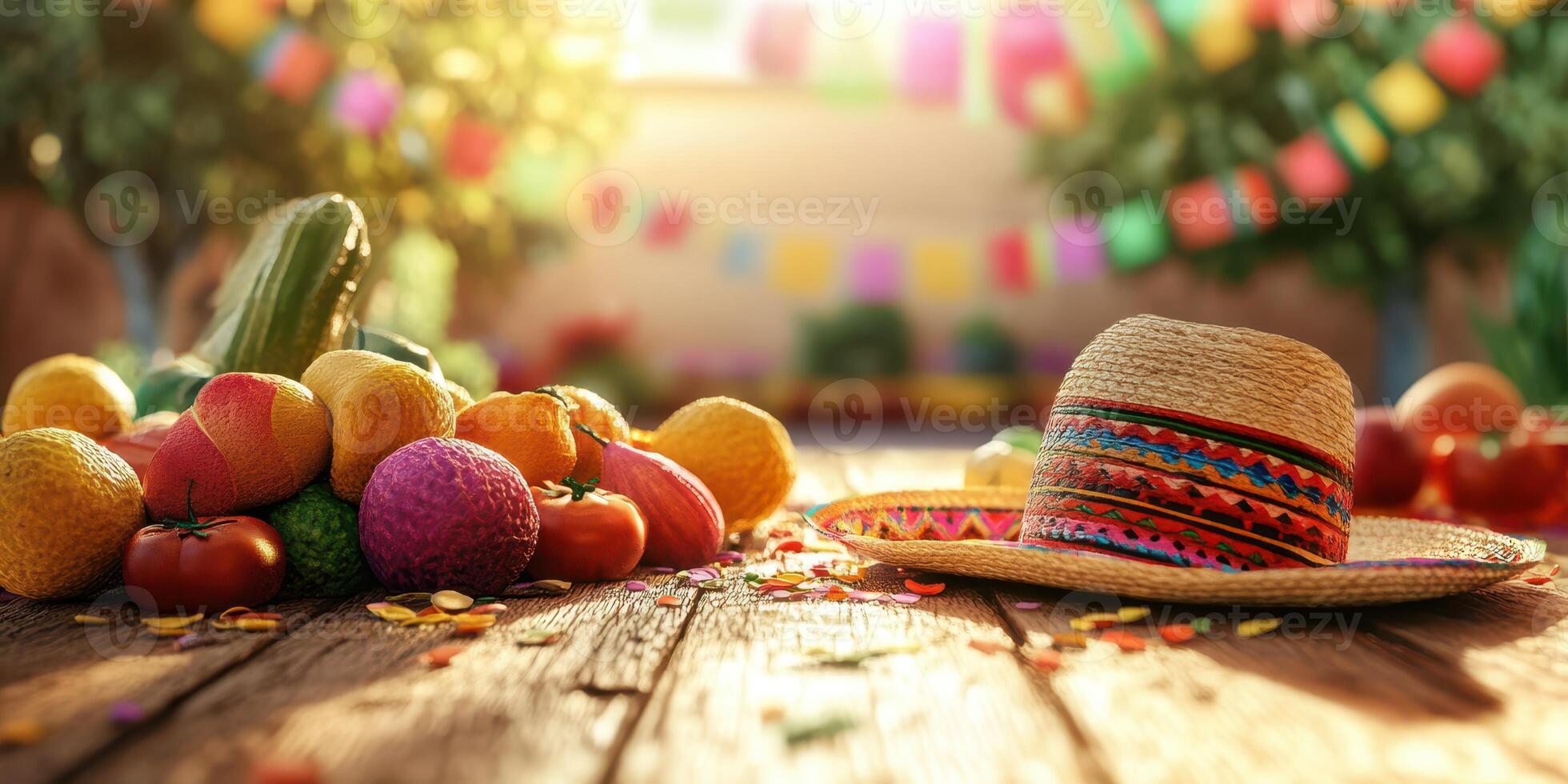 Colorful fiesta decor with fresh fruits and traditional hat on a wooden table in a festive outdoor setting photo