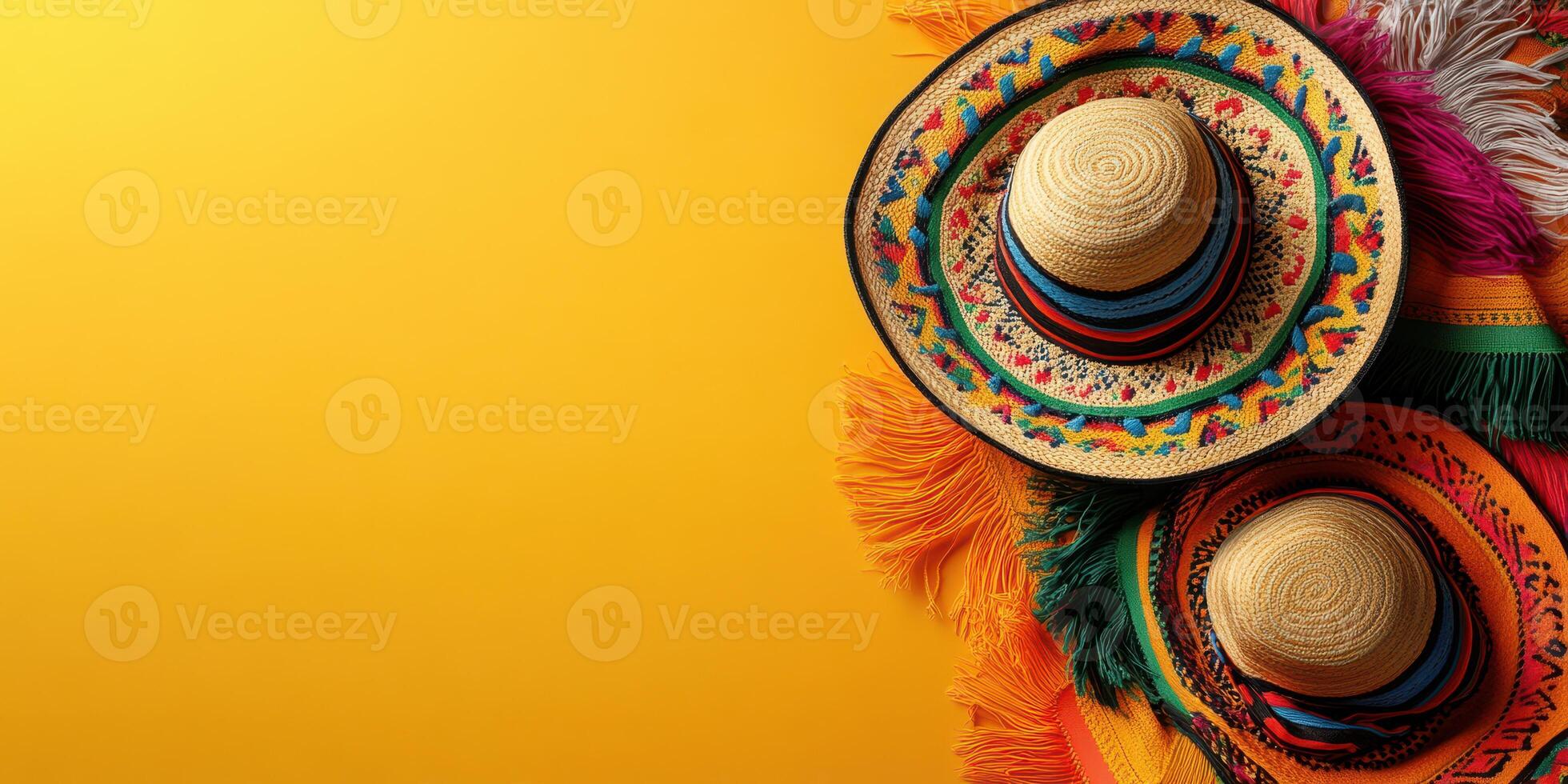 Colorful sombreros and vibrant fringes arranged against a bright yellow backdrop for celebration photo