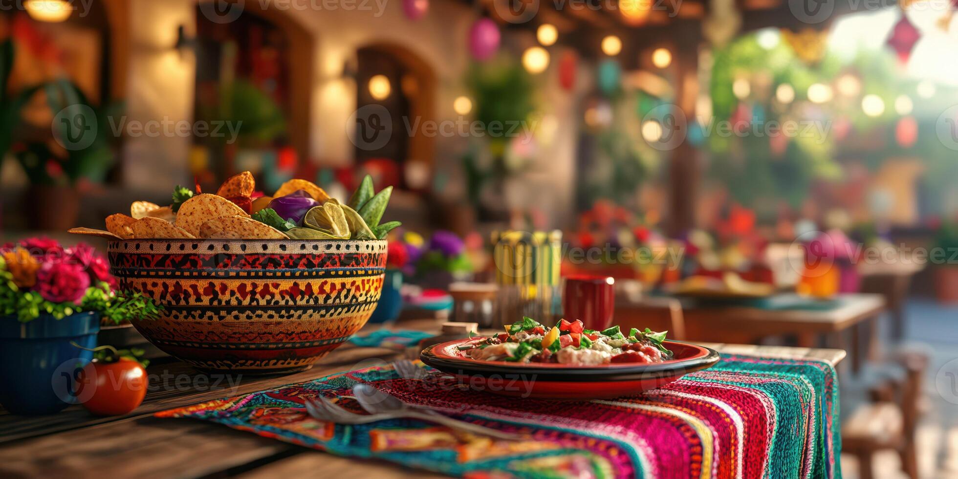 Vibrant outdoor dining setup with colorful dishes and decorations in a festive atmosphere photo