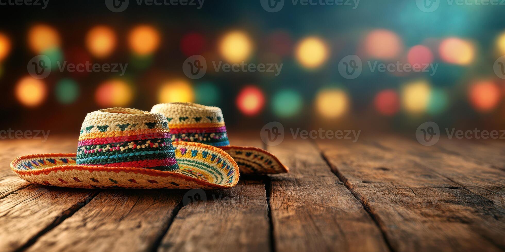 Colorful sombreros placed on a rustic wooden table with warm bokeh lights in the background during a festive celebration photo