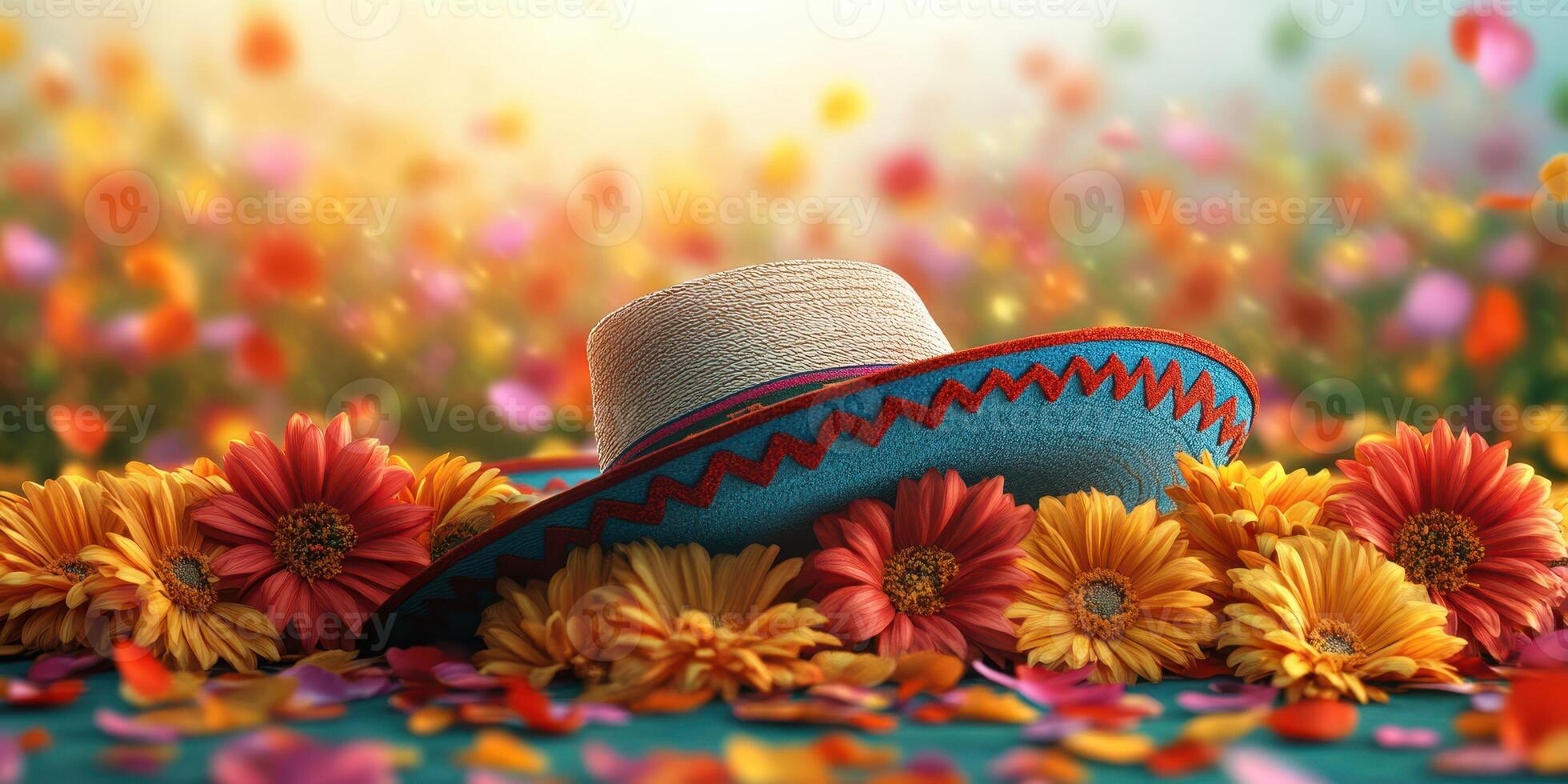 Colorful sombrero rests among vibrant flowers in a sunny garden setting during springtime photo