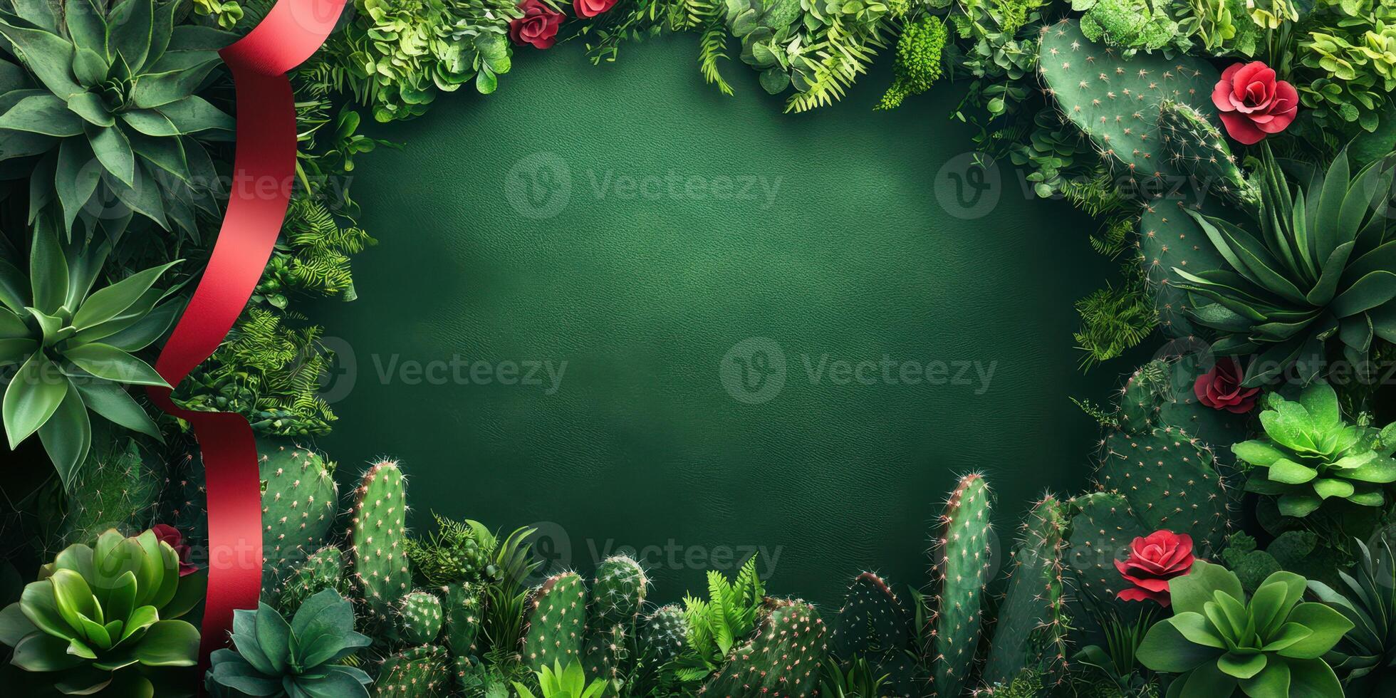 Vibrant greenery and cacti create a lush backdrop with decorative red ribbon for creative projects photo