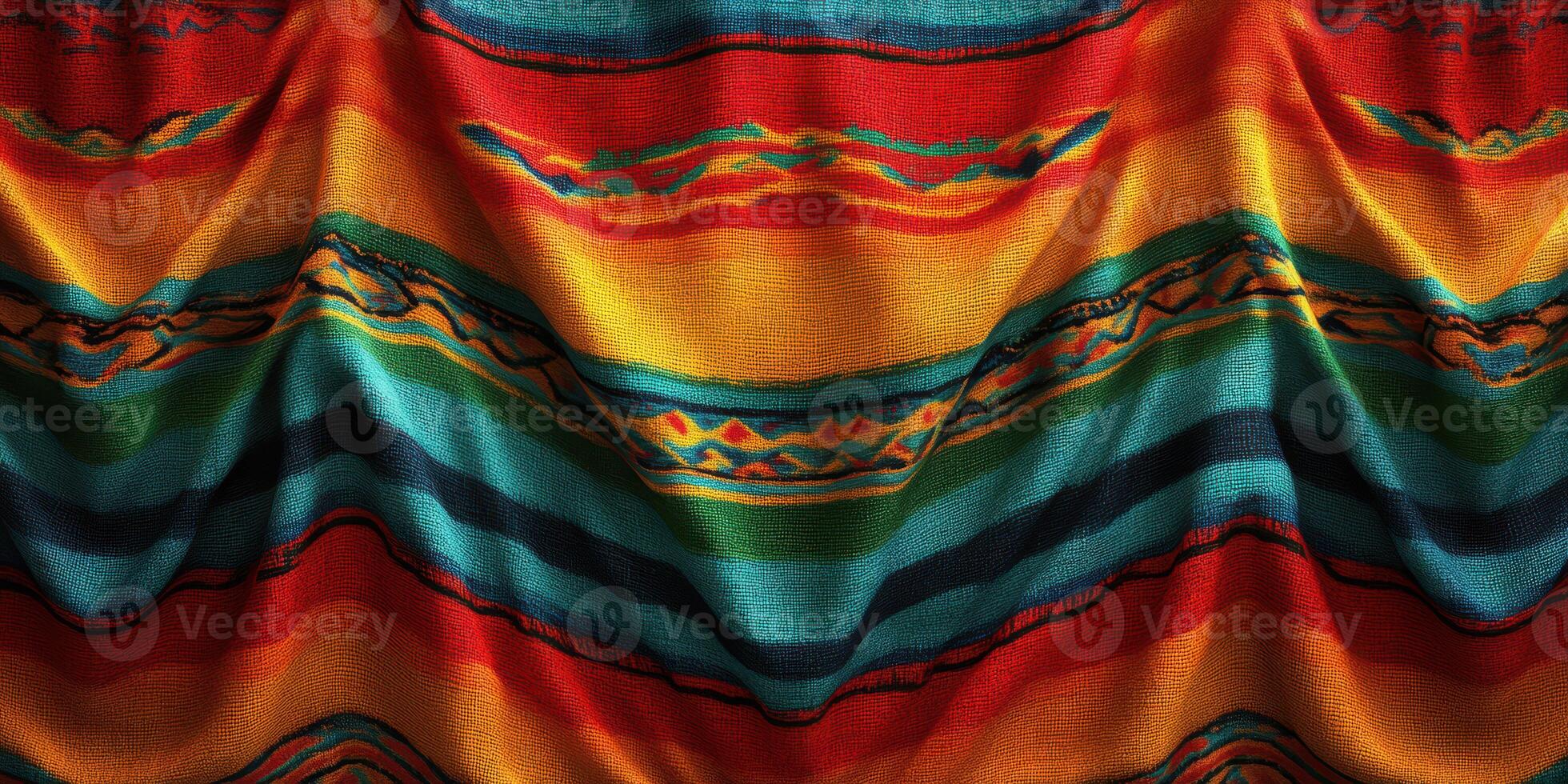 Vibrant woven fabric with colorful patterns showcases rich textile artistry in a close-up view photo