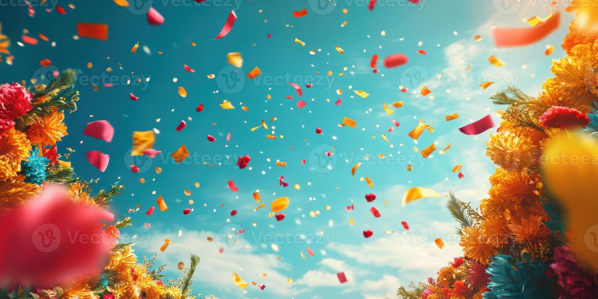 Colorful flower festival celebration with confetti raining down in a bright sky during midday photo