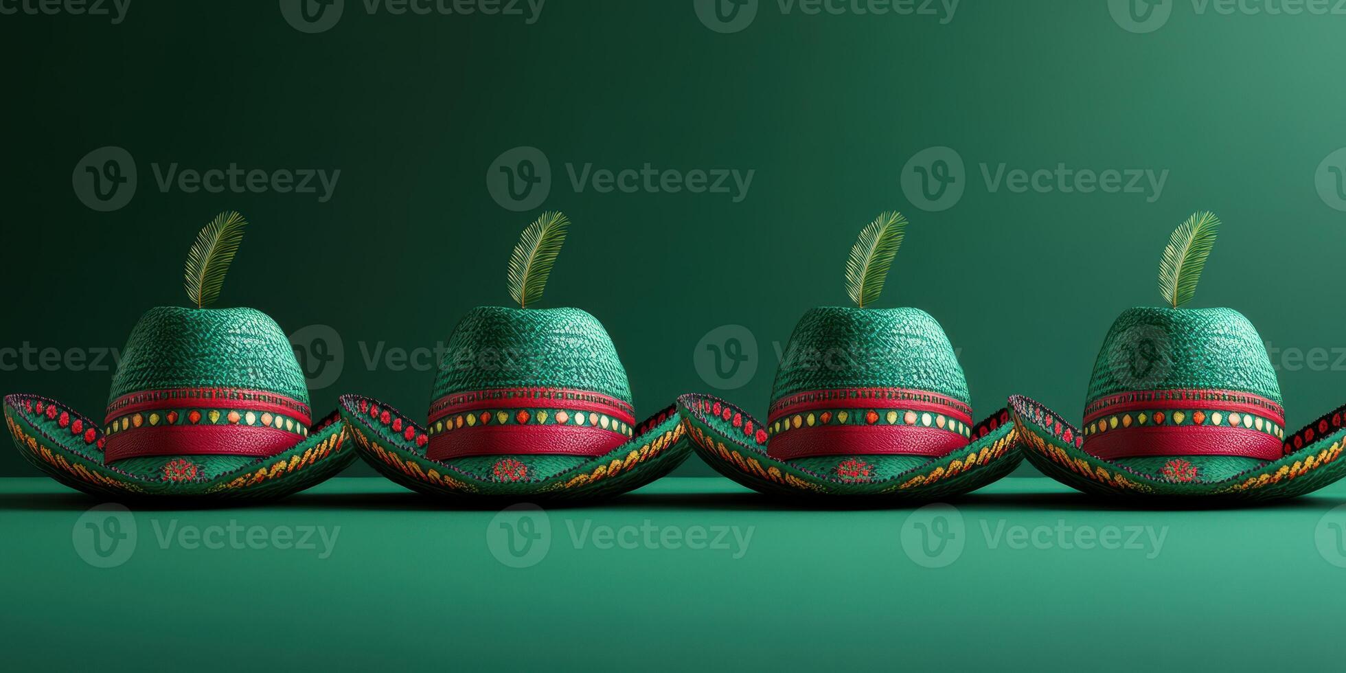 Unique green sombreros with decorative feathers displayed in a row against a solid green background for festive occasions photo