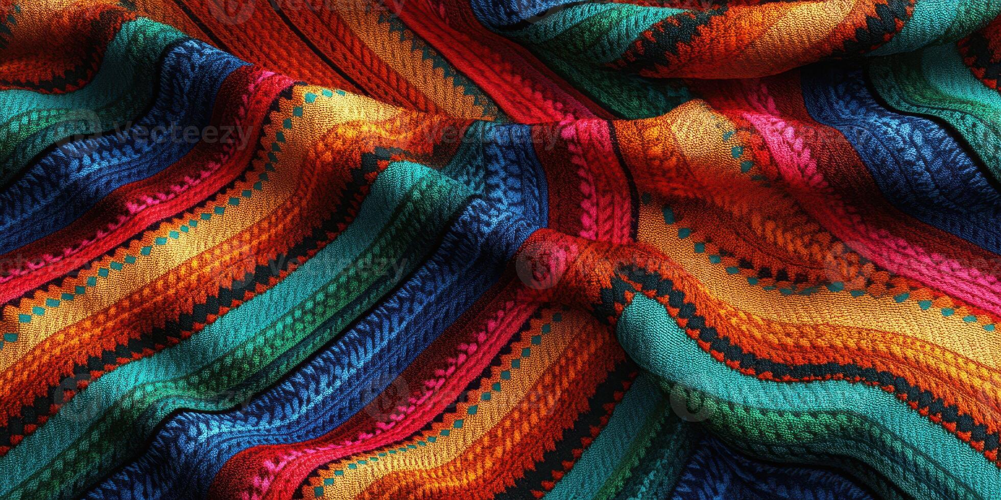 Colorful woven textile with intricate patterns and vibrant hues displayed in natural light photo