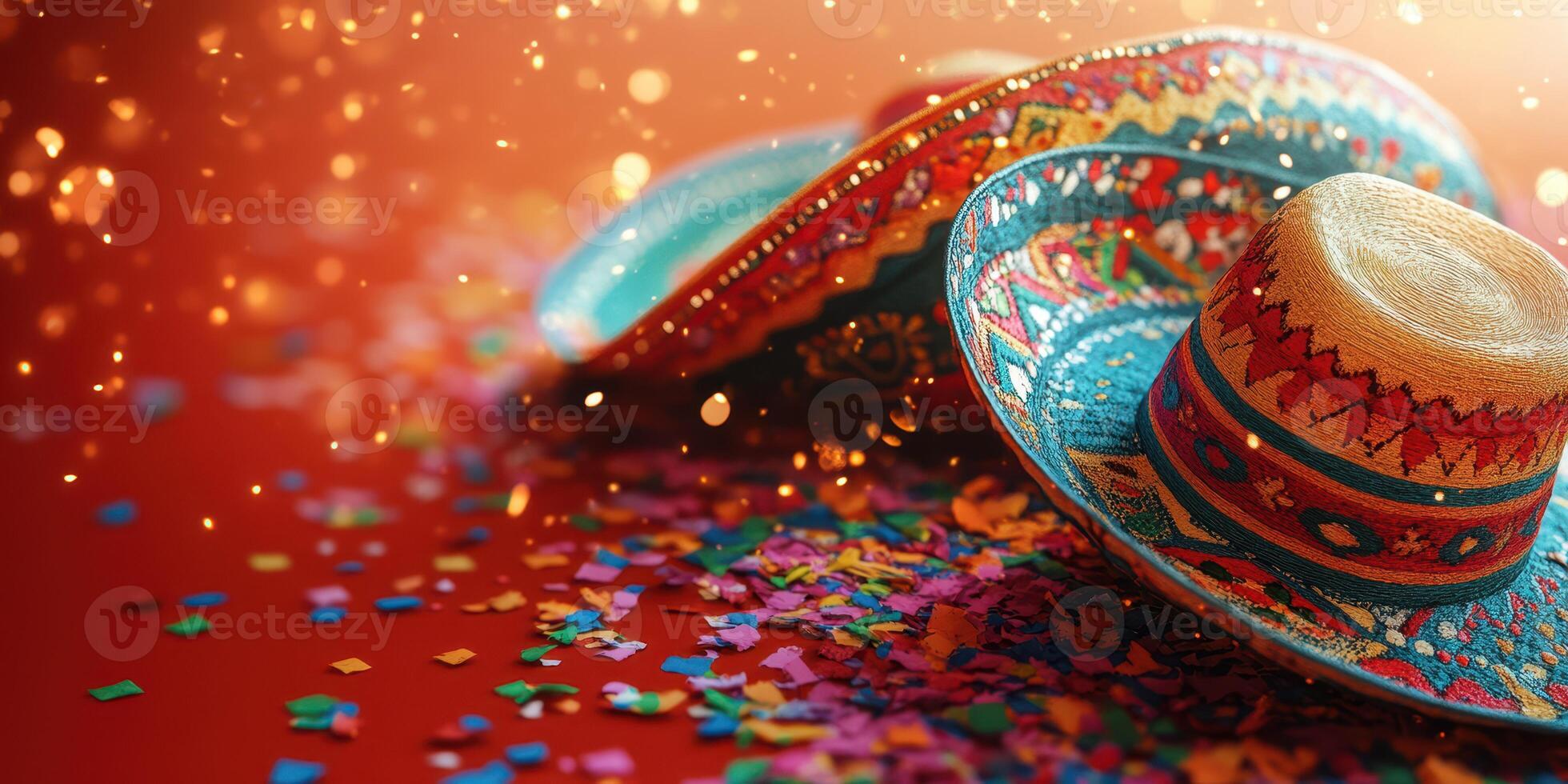 Vibrant somberos surrounded by colorful confetti during a festive celebration in a bright setting photo