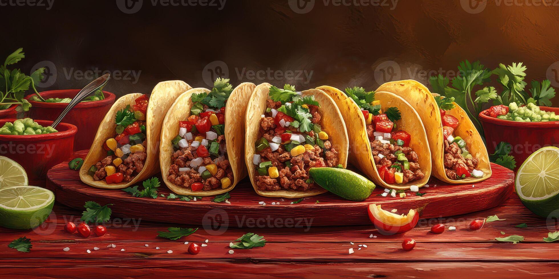 Delicious and colorful tacos arranged on a wooden table with fresh ingredients in the background photo