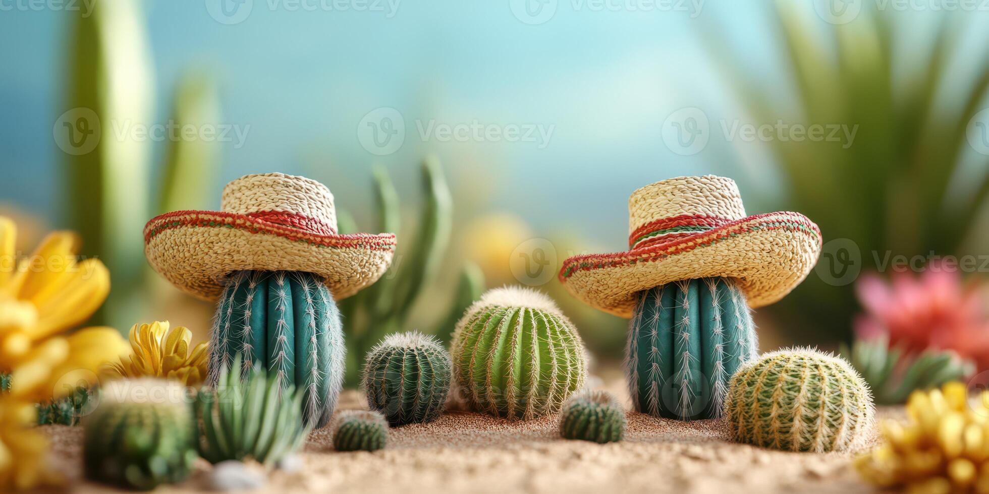 Colorful cacti adorned with sombreros in a vibrant desert garden during bright daylight photo