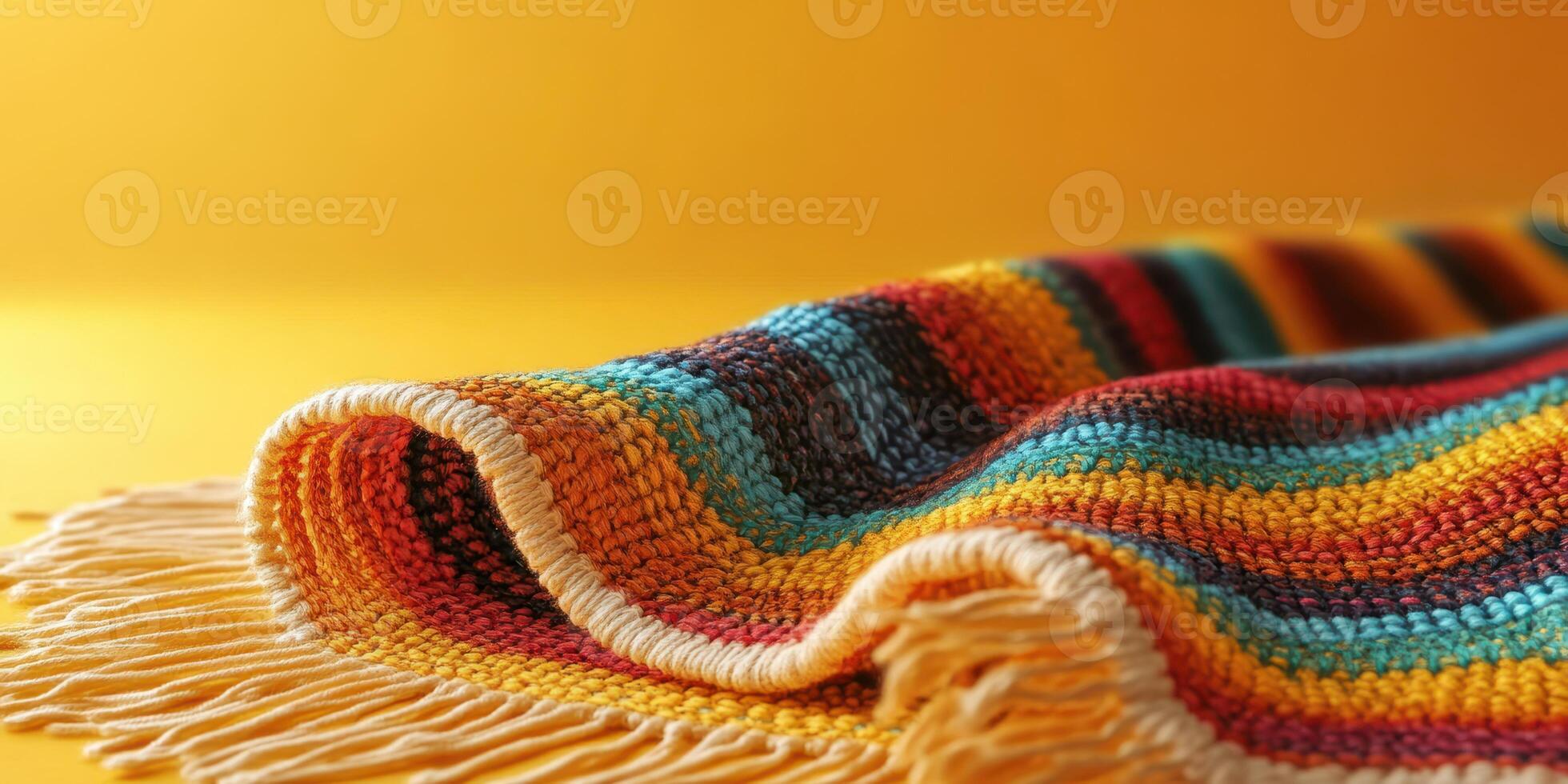 Colorful striped blanket draped on a vibrant yellow surface showcasing intricate woven patterns and textures photo