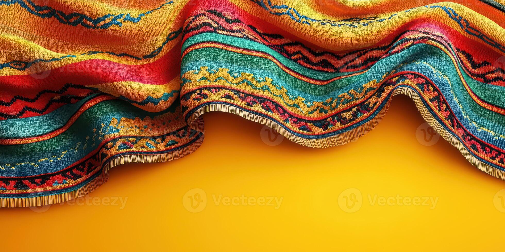 Colorful woven fabric with intricate patterns displayed on a vibrant yellow background, showcasing traditional craftsmanship and cultural artistry photo