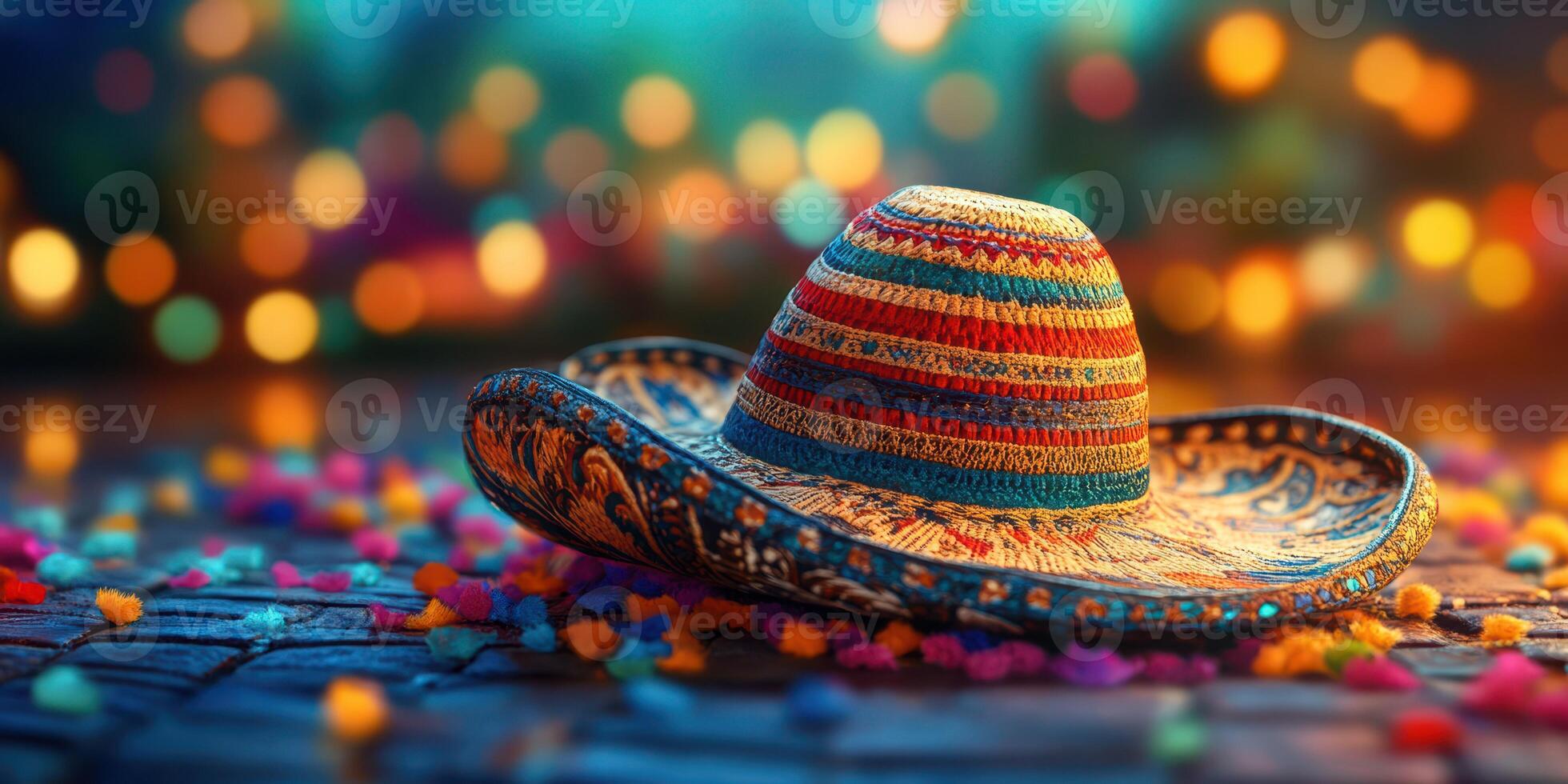 Colorful sombrero resting on a wooden surface surrounded by vibrant confetti and festive lights during a celebration photo