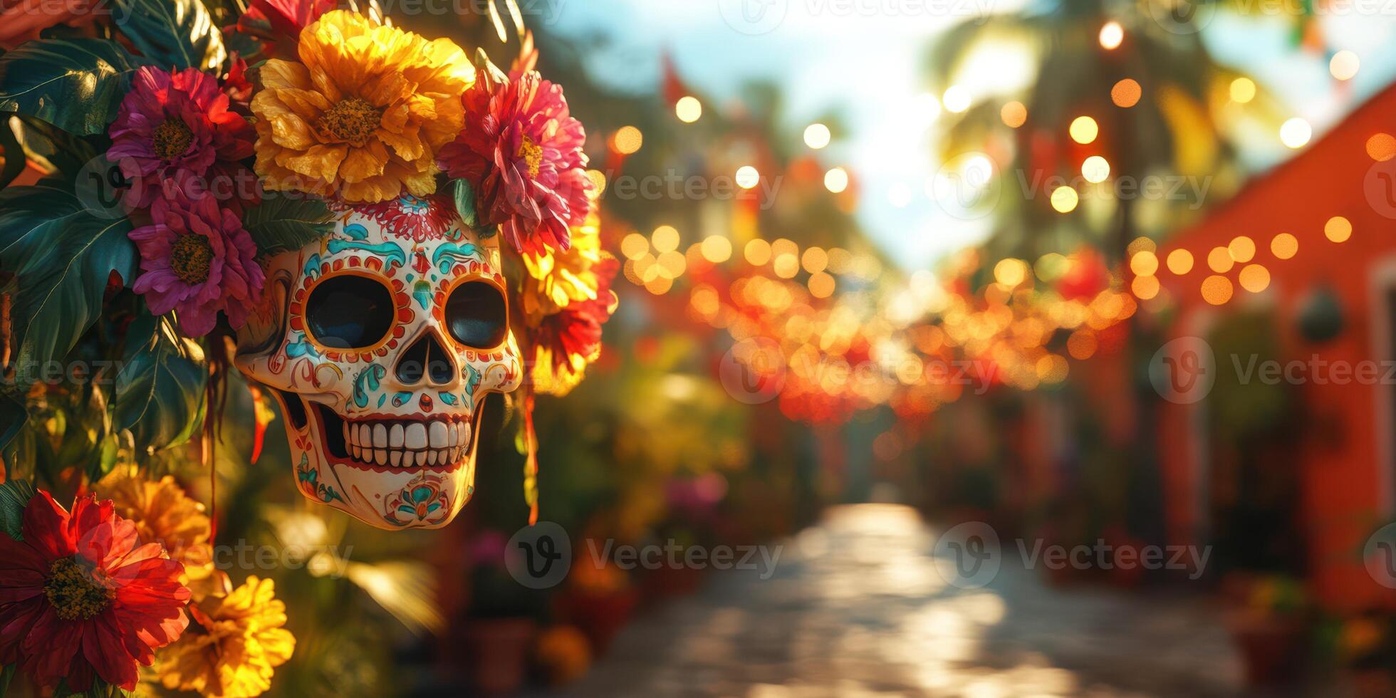 Colorful decorations and a vibrant skull symbolize a lively celebration in a festive courtyard during a cultural event photo