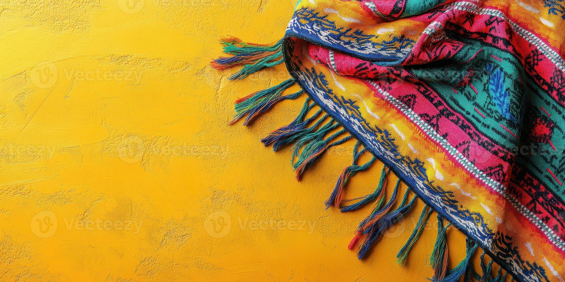 Colorful woven blanket displayed on a bright yellow surface in a cozy indoor space during the afternoon photo