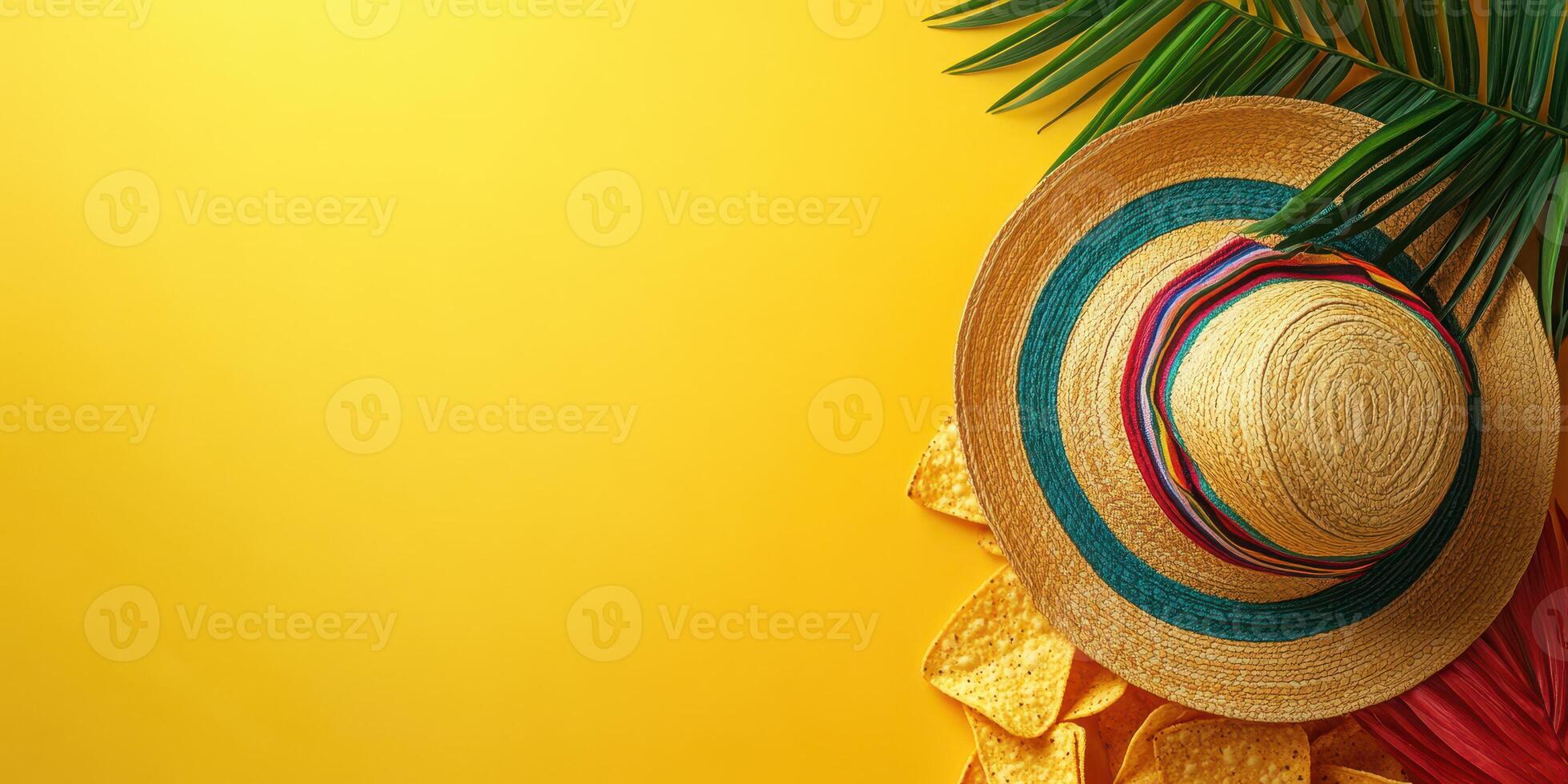 Bright summer party setting with a colorful straw hat and tortilla chips on a vibrant yellow background photo