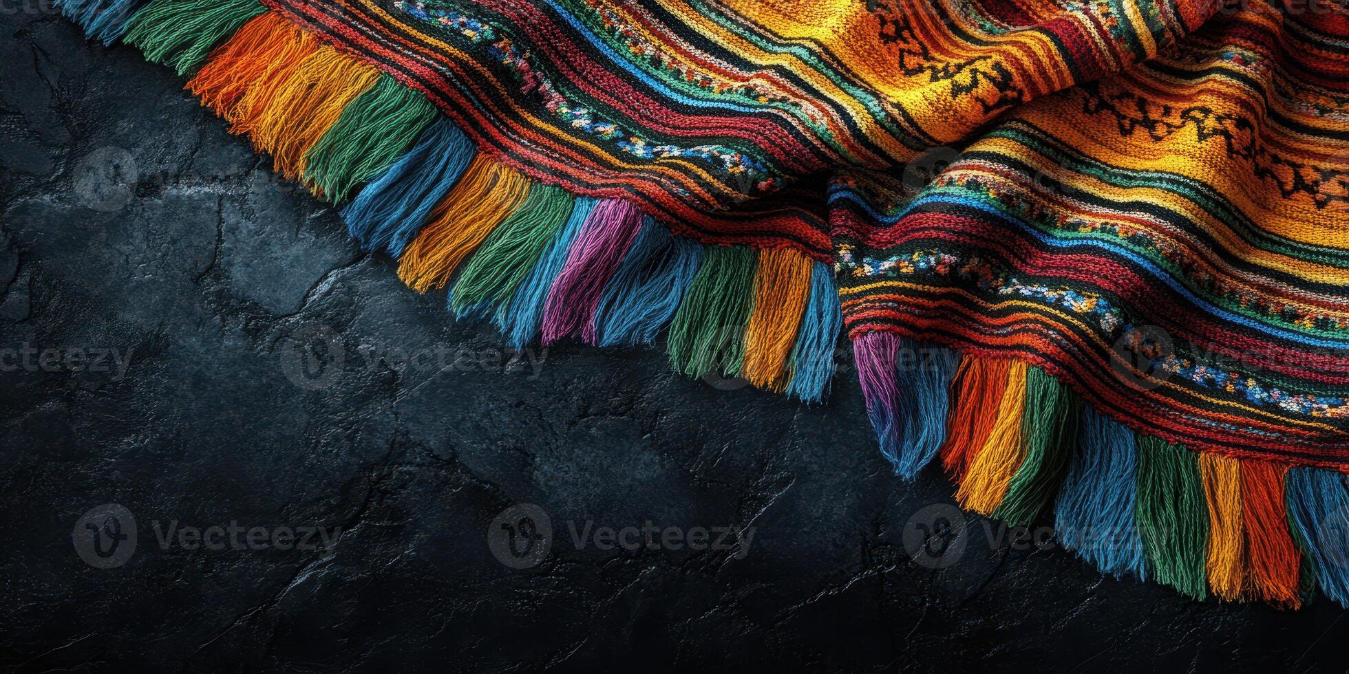 Colorful woven textile draped against a dark textured background showcasing intricate patterns and vibrant fringes photo