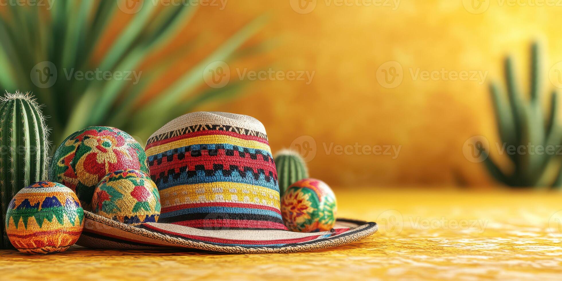 Colorful sombrero and decorative balls arranged with cacti on vibrant yellow background in a cheerful setting photo