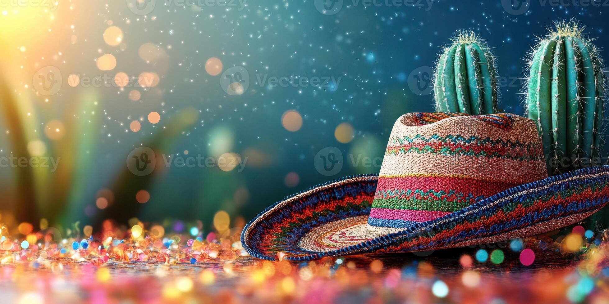 Colorful sombrero resting among vibrant cacti in a shimmering desert setting during sunset photo