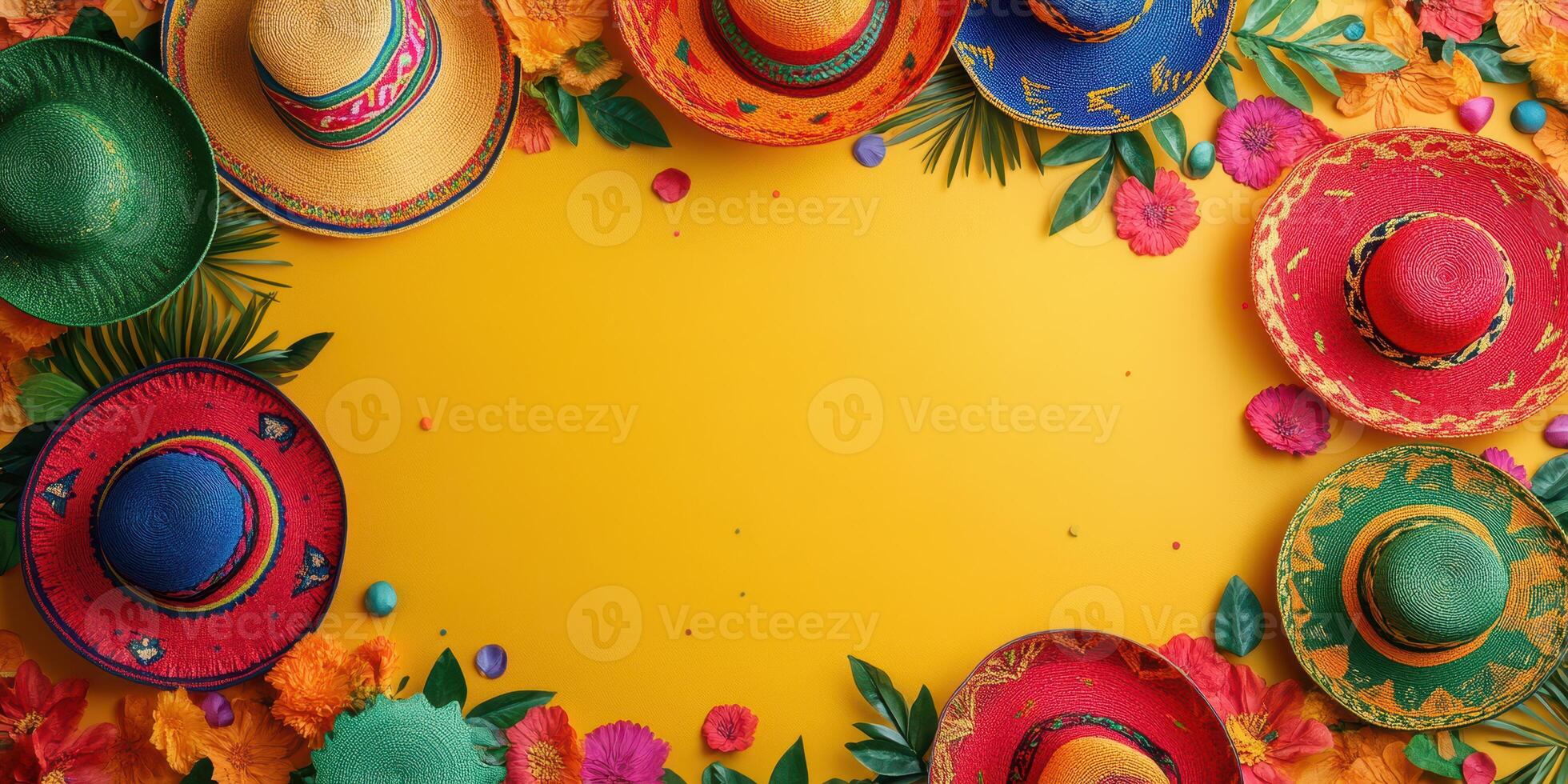 Colorful sombreros arranged around a vibrant yellow background with festive decorations for celebration photo