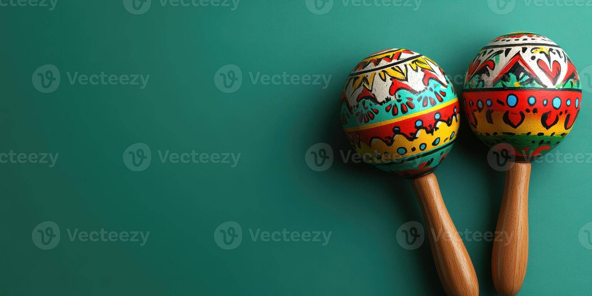 Colorful maracas placed on a vibrant green background create a lively atmosphere for music and celebration photo