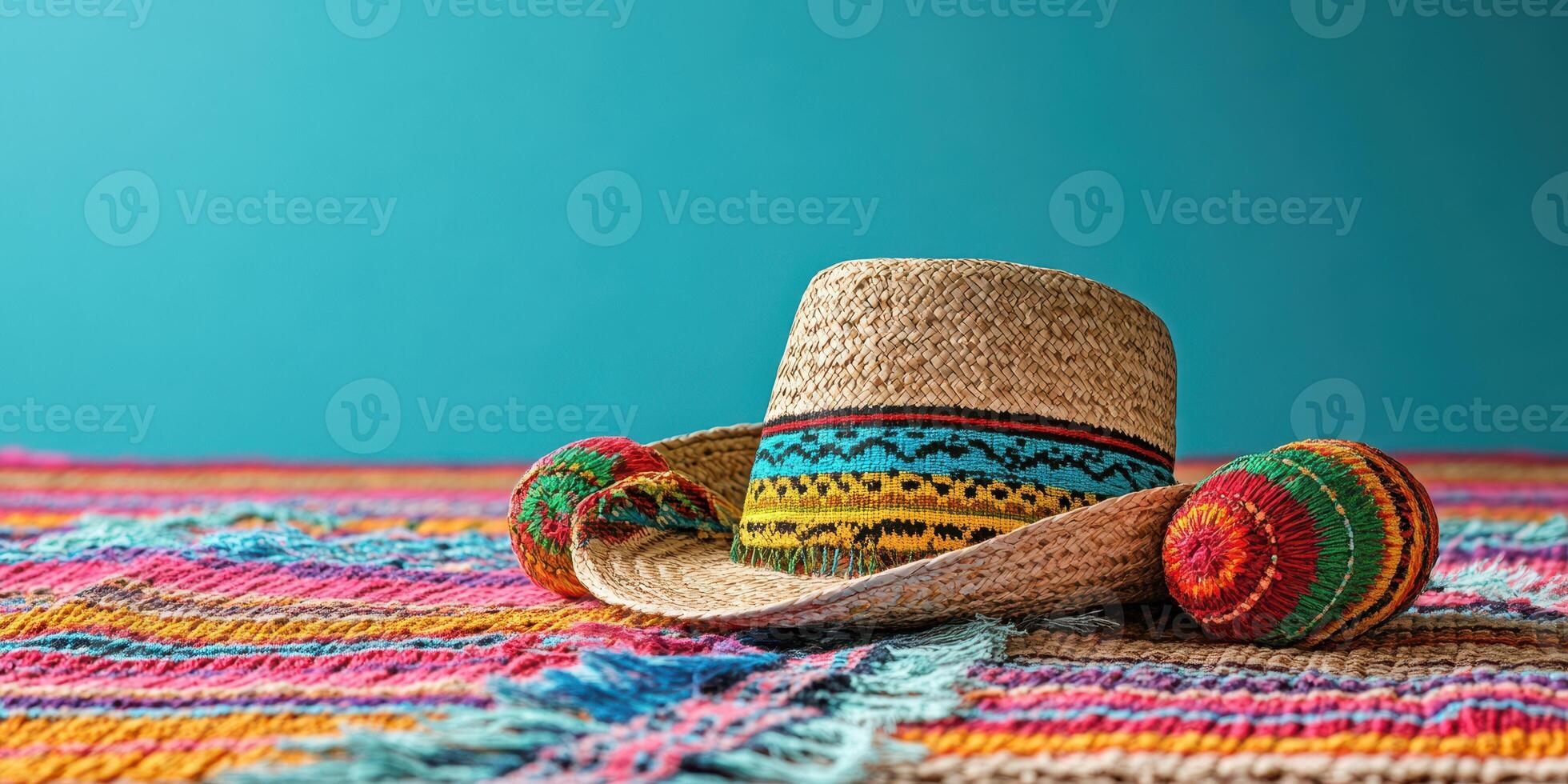 Colorful woven hat rests on a vibrant textile against a bright blue background in a lively setting photo