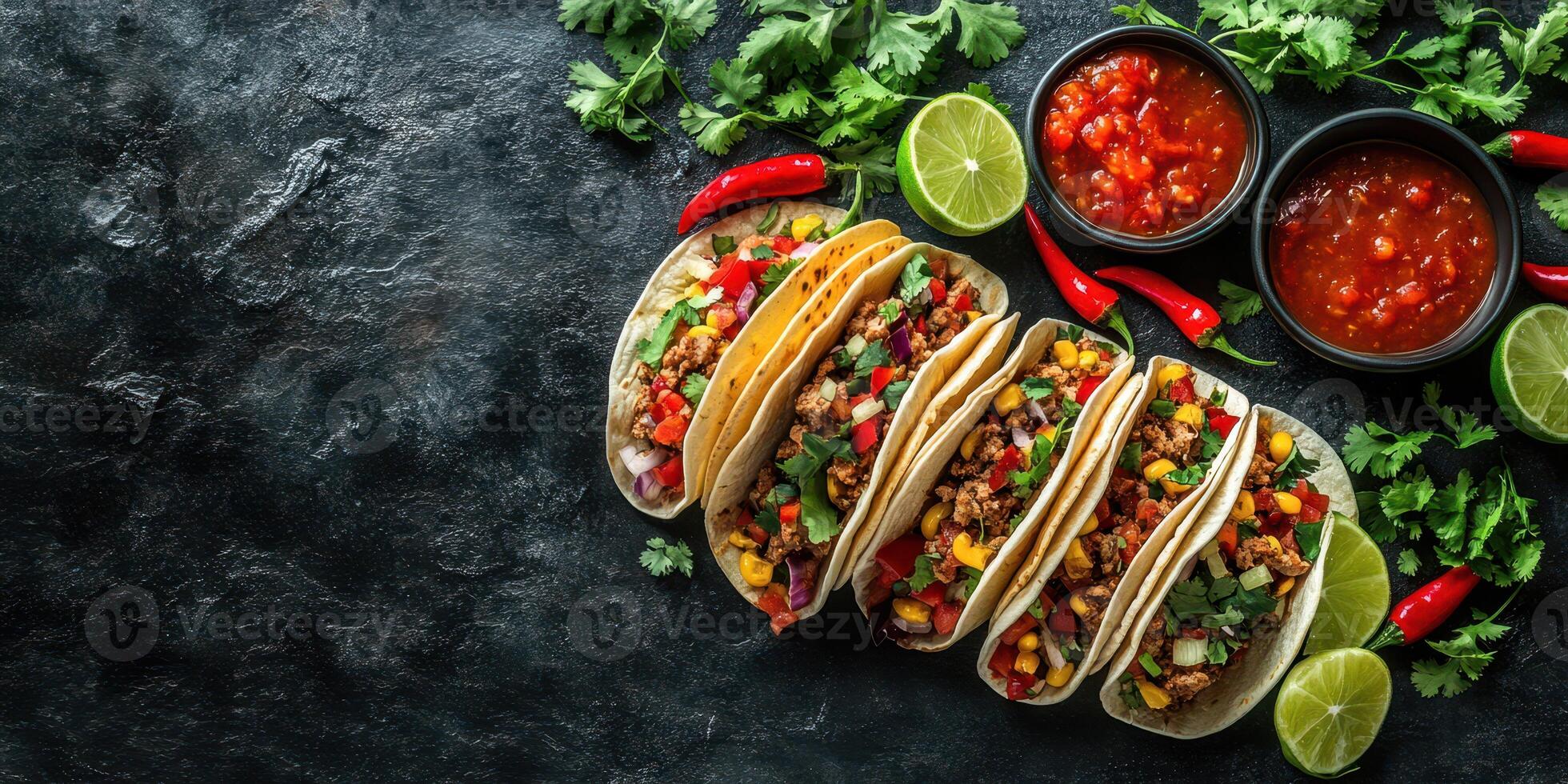 Flavorful taco spread featuring fresh ingredients and vibrant salsa served on a dark rustic table photo